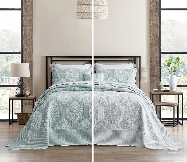 HZ & HY Oversized King Bedspread 128x120 Extra Wide, Jacquard Matelasse Damask Pattern Design, Lightweight, Reversible, 5 Piece, 100% Microfiber, King/Cal King, Green