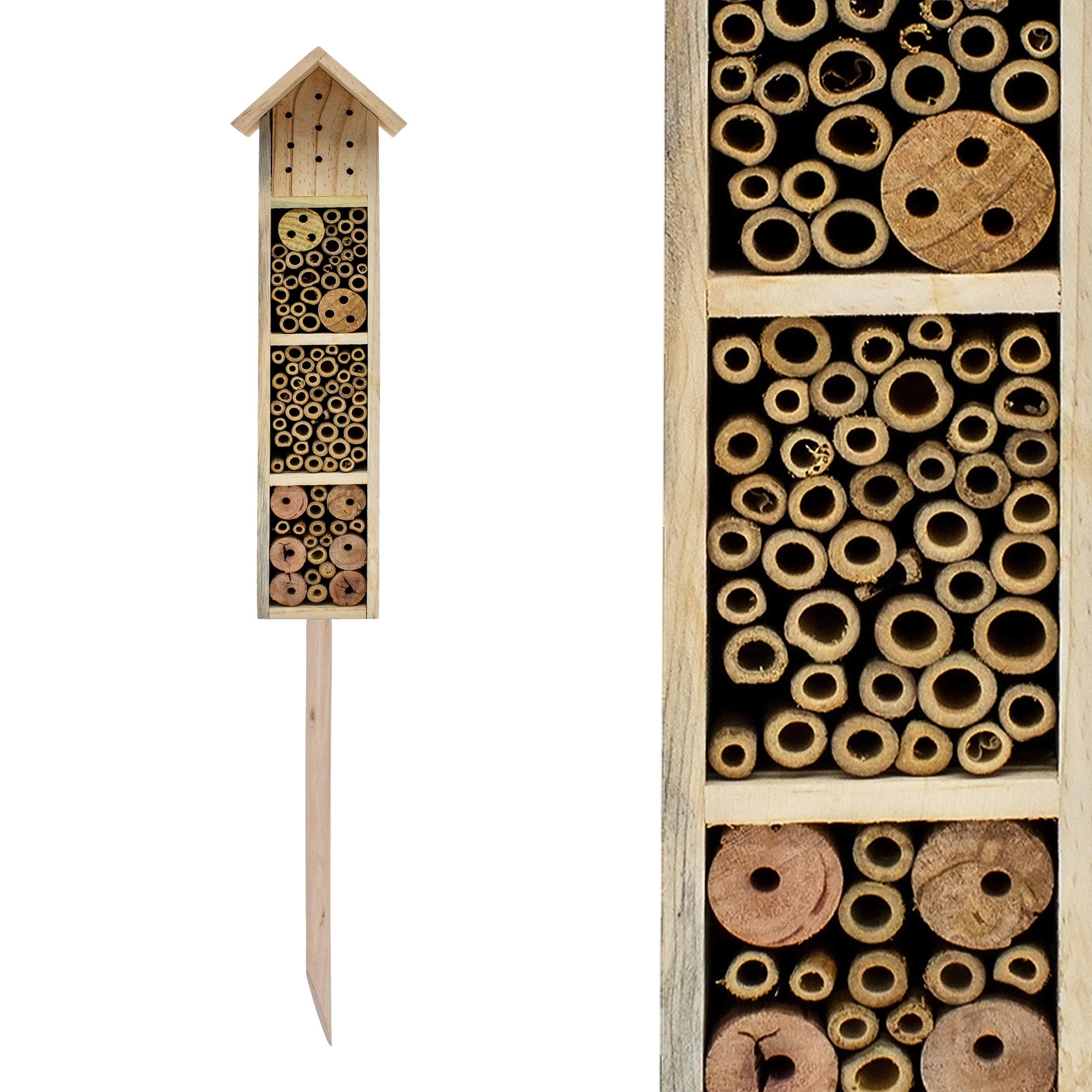 Hotel para insectos de madera con estaca – H 78 cm – Casa de insectos natural para colocar – Bienenhotel Hummelhaus Holzhaus Nisthilfe para abejas, abejas, crisopas, mariposa