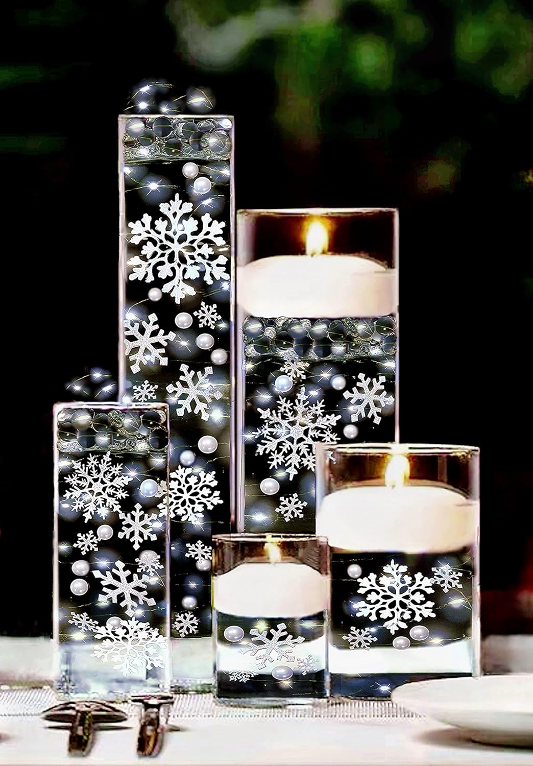 Vase Pearlfection 100 Floating White Snowflakes and Pearls- Fills 2 Gallons of The Transparent Water Gels for Your Vases- with Pre-Measured Prep/Storage Bags for Best Results!