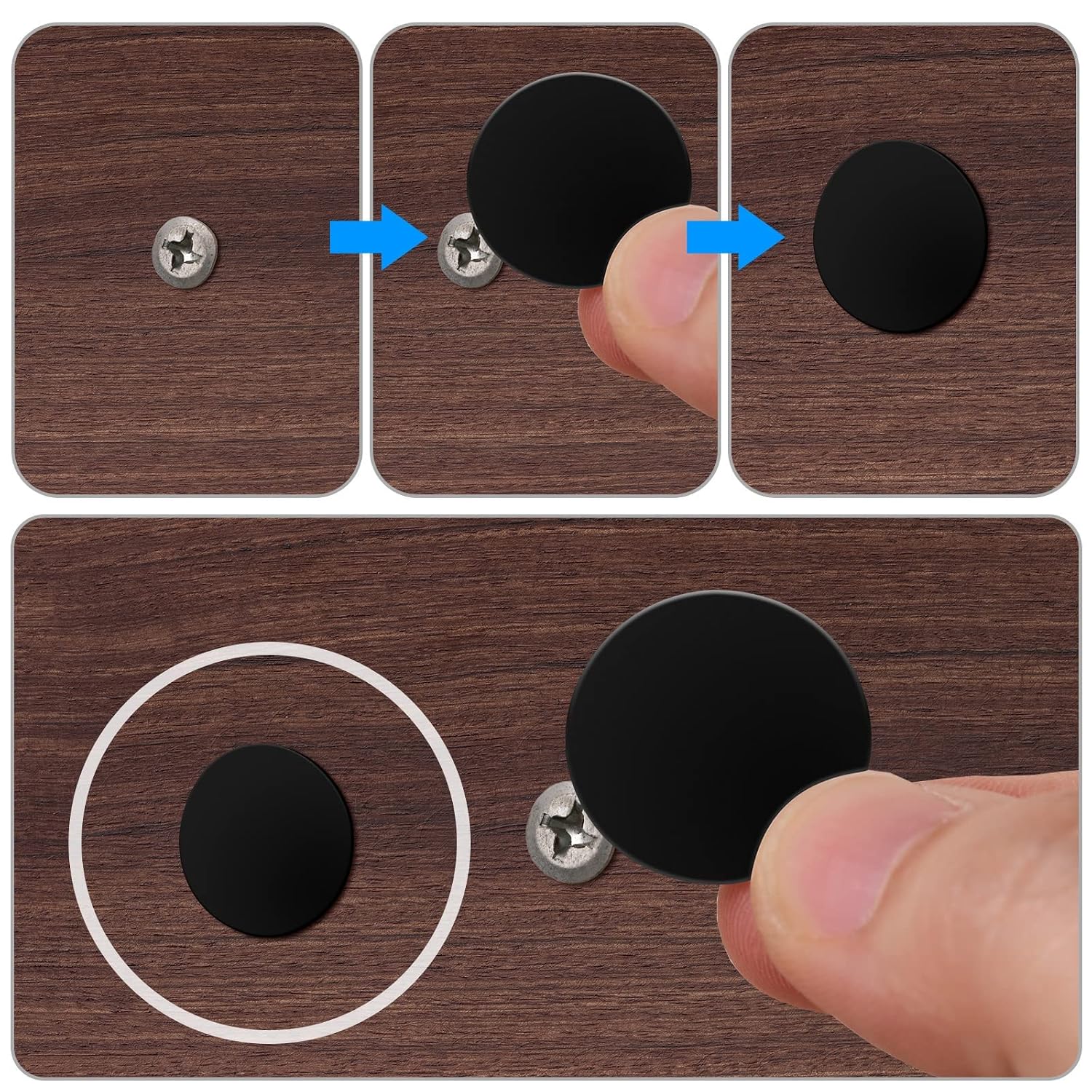 100 Pieces Screw Caps Screw Covers Self Tapping Plastic Screw Cap Covers and 580 Pieces Self Adhesive Screw Hole Stickers Furniture Screw Cover Stickers for Wood Screws Furniture (Black)