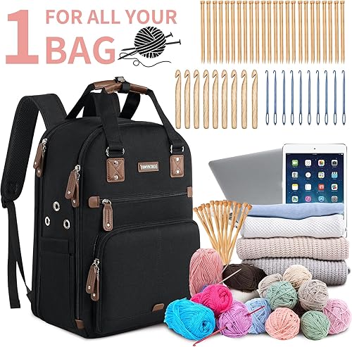 Vista 2 de Bolsa de ganchillo, mochila de tejido y organizador de bolsas con puerto de carga USB, bolsa grande de almacenamiento de hilo Negro