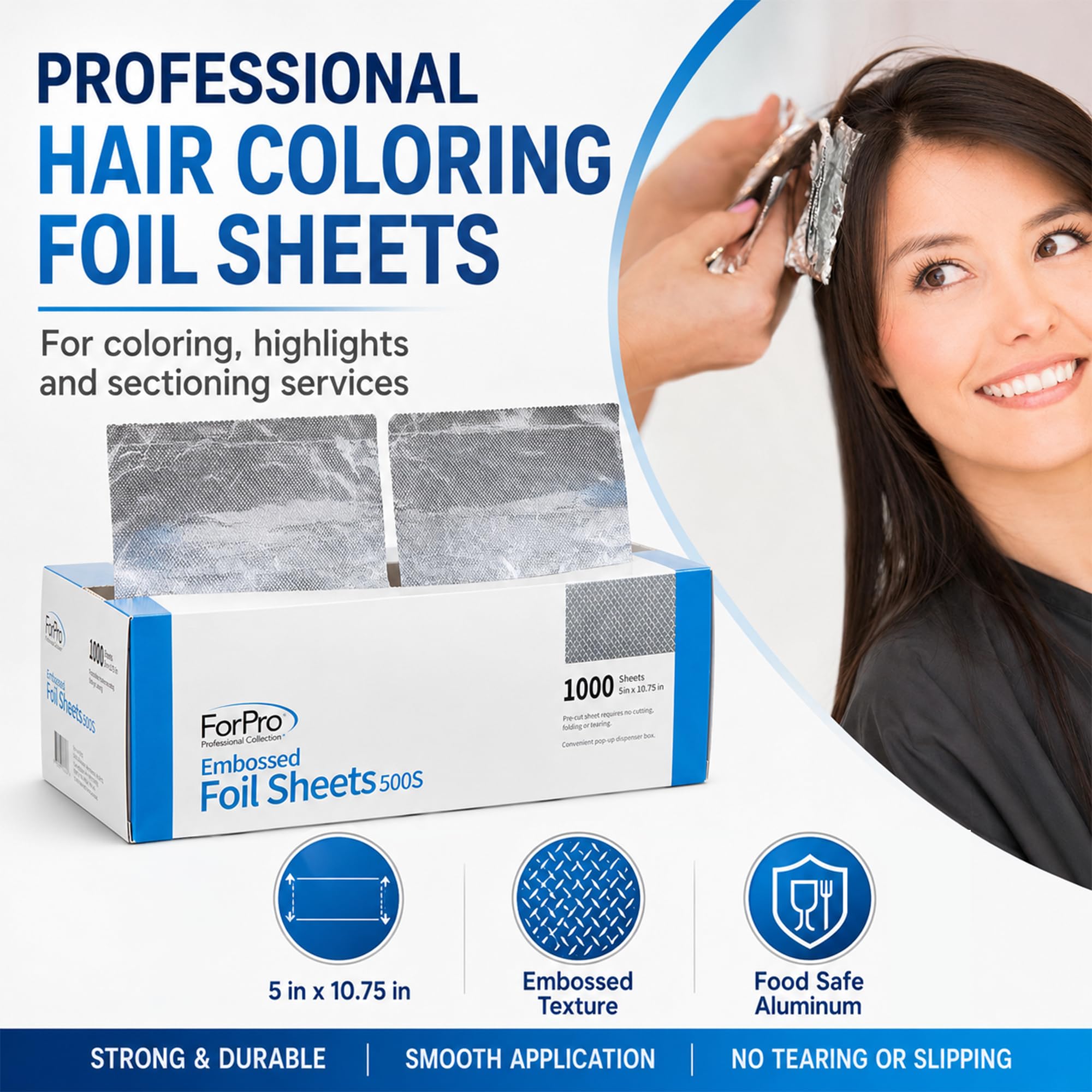 ForPro Professional Collection Hojas de aluminio en relieve 500S, papel de aluminio, dispensador de papel de aluminio emergente, láminas para el cabello para aplicación de color y servicios de