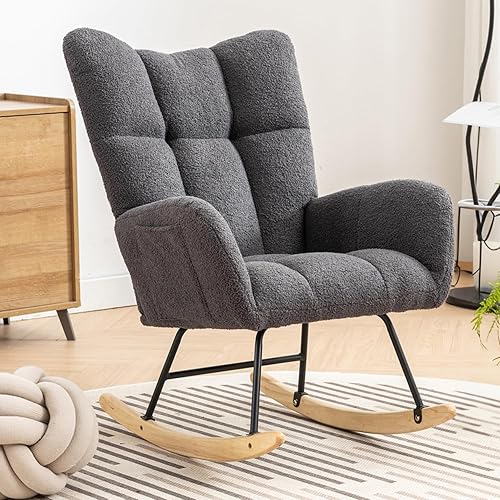 ivoros Silla mecedora para guardería, mecedora de tela de peluche, asiento acolchado con respaldo alto, sillas modernas para guardería, dormitorio,