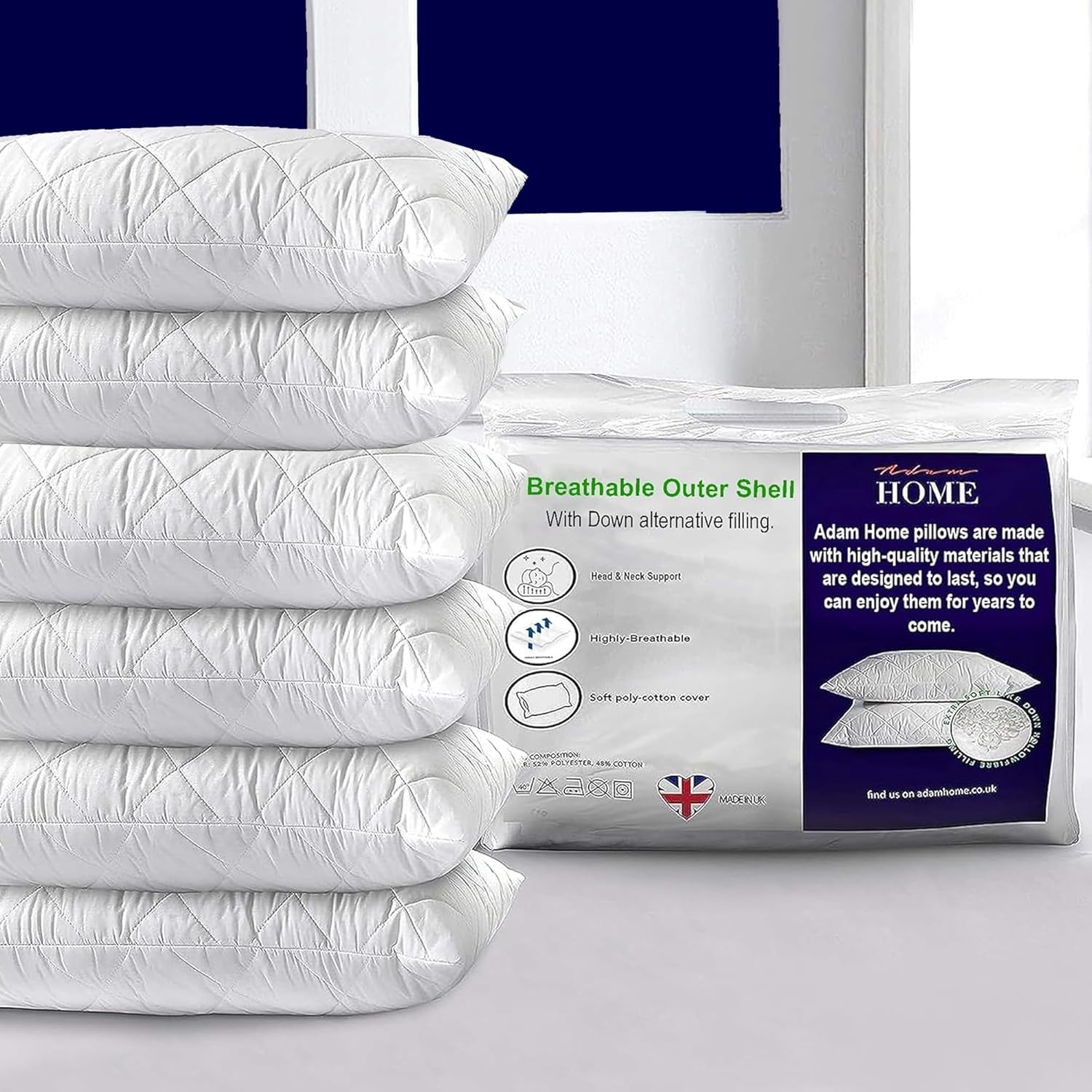 Adam Home Pillows 6 Pack Hotel Quality with Quilted Cover (6 Pillows
