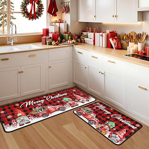 Juego de 2 alfombras de cocina a cuadros de búfalo de Navidad con diseño de gnomos de camión rojo de Navidad, decoración de invierno para el hogar,