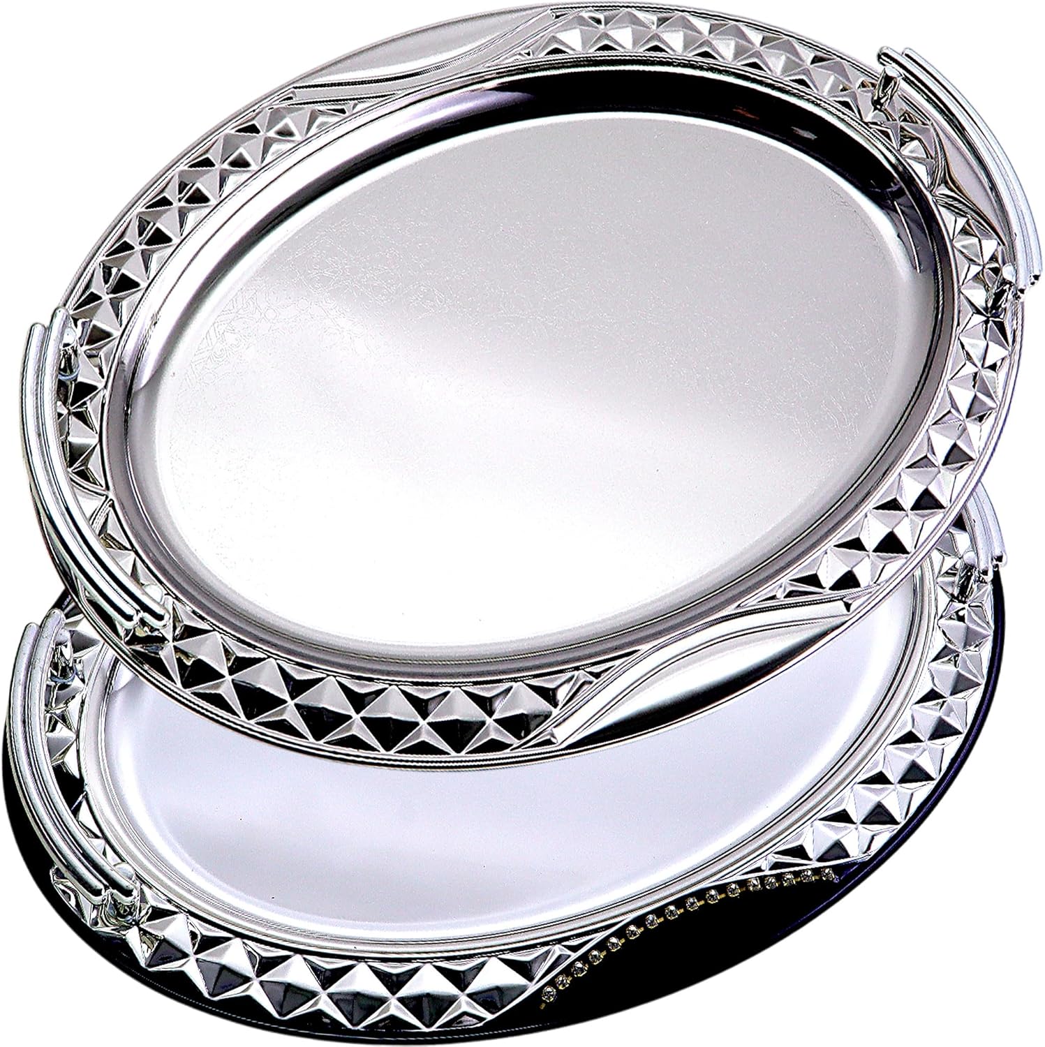 (Pack of 2) 15.2 inch x 11.1 inch Oval Chrome Plated Silver Serving Tray with Handles in Stylish Design Floral Engraved Edge Party Birthday Dessert Platter Plate NC-088