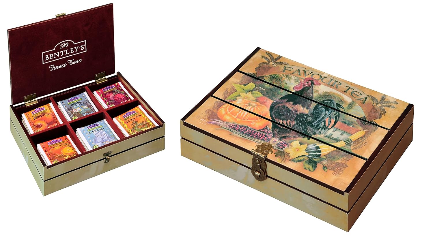 Bentley's Hand Decorated Rooster Design Wooden Tea Chest, 60 Count Assorted Tea