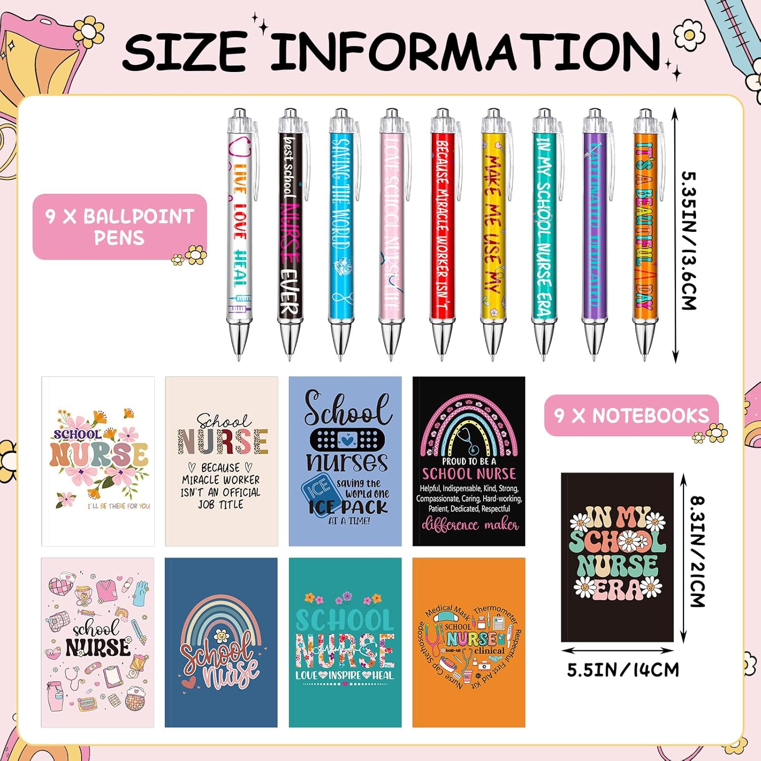 Resurhang 18 Pcs School Nurse Appreciation Gifts Set, 9 School Nurse Notebook Journal & 9 Inspirational Ballpoint Pen for Nursing Staff Students Graduation Retirement Gifts, National Nurses Week