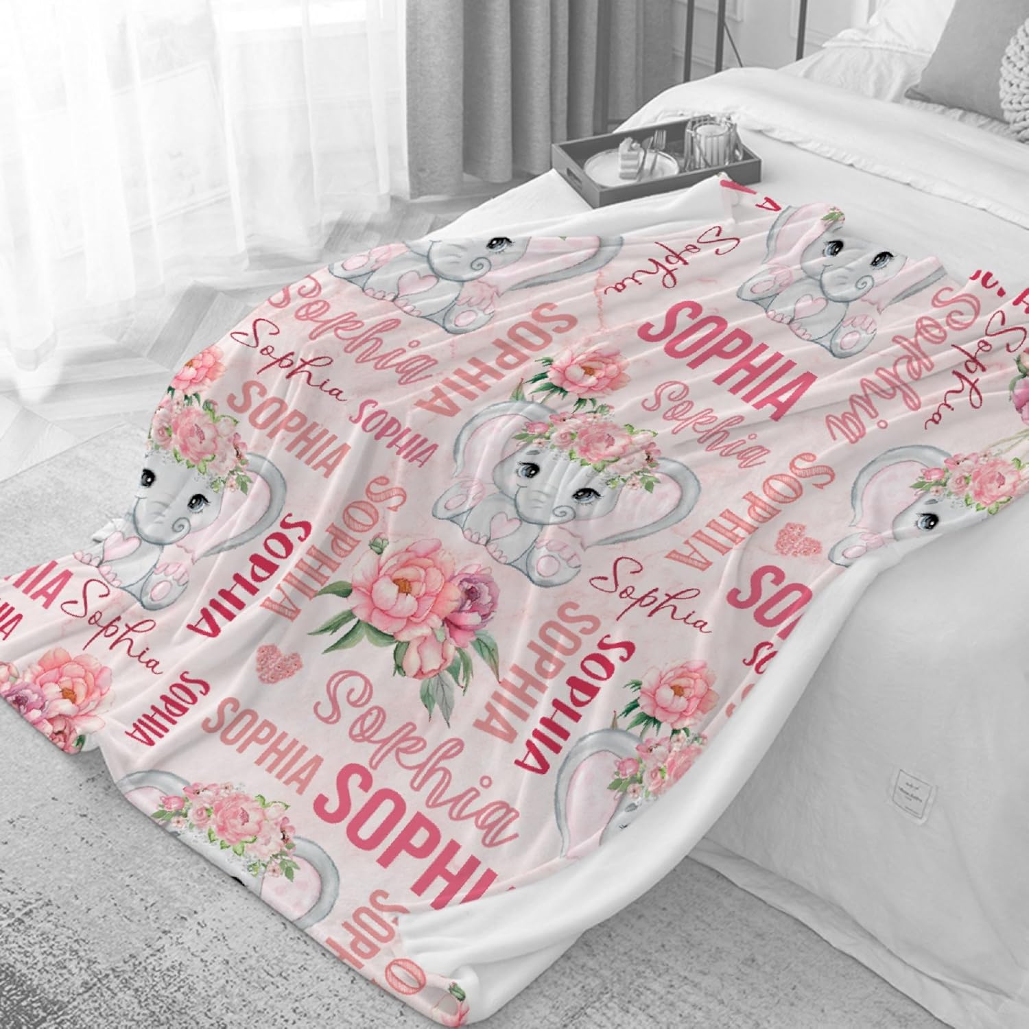 Custom Elephant Baby Blanket for Girls Boys Pink Personalized Blanket with Name Soft Flannel Throw Blankets for Couch Bed Personalized Gifts Large 80×60in for Adults