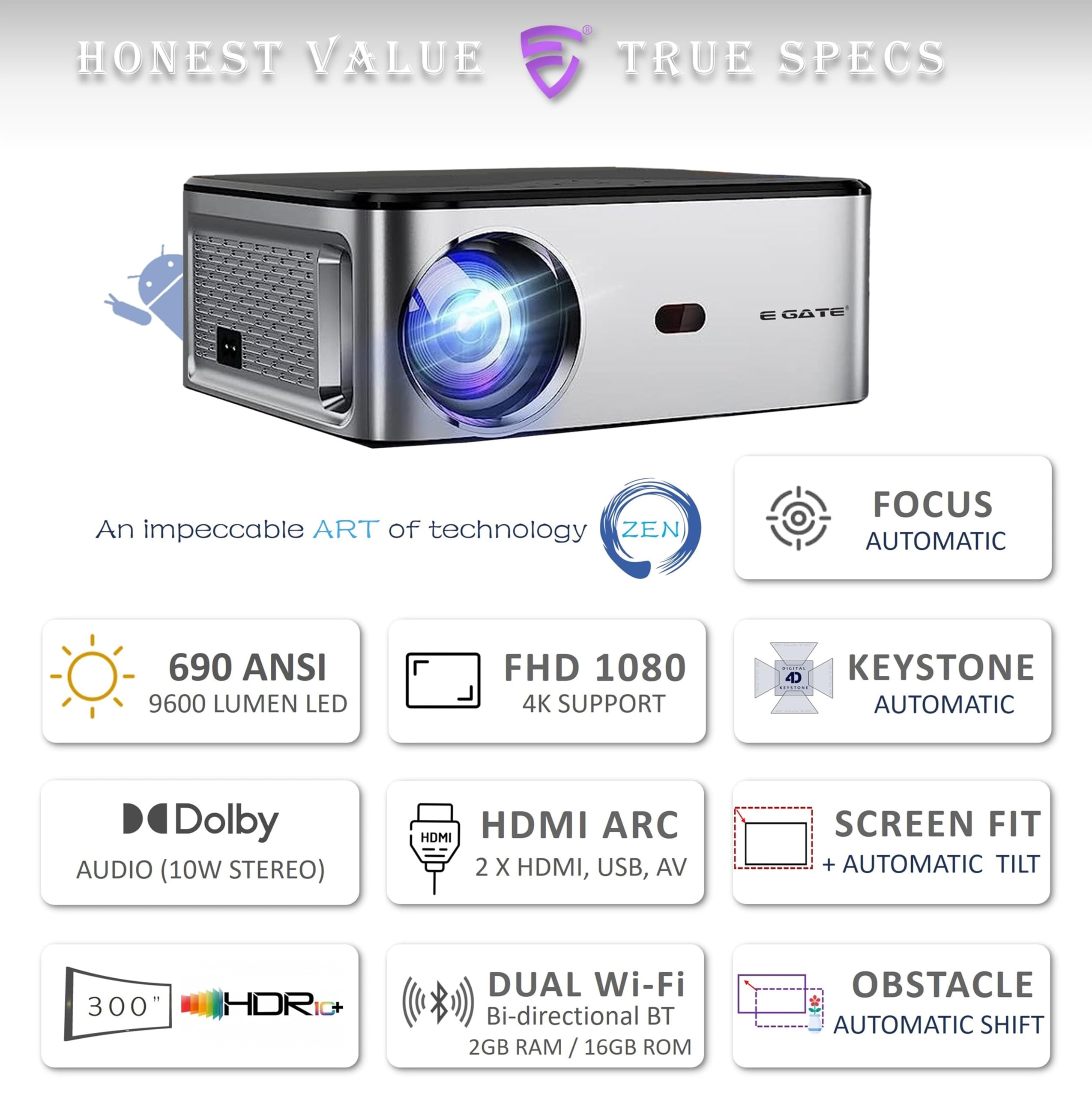 Buy EGate O9 ProZen, Full HD 1080p Projector, 9600L (690 ANSI), 4K