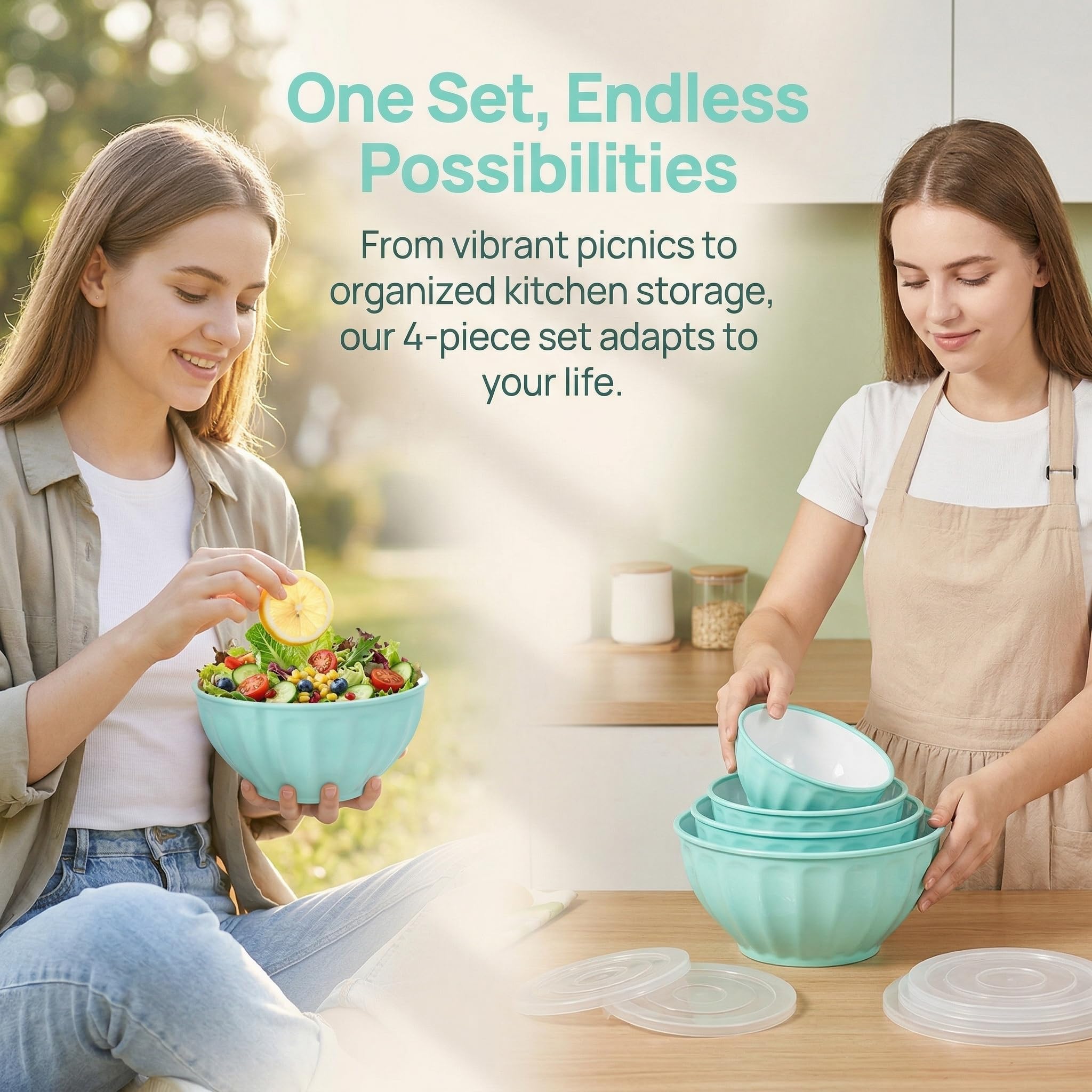 Salatschüssel Set mit Deckel 4-teilig (1,5L/2,5L/3,5L/5,5L) aus Kunststoff Schüssel mit Deckel Groß Stapelbare teigschüssel Rührschüssel zur Aufbewahrung Camping Küche Plastikschüsseln