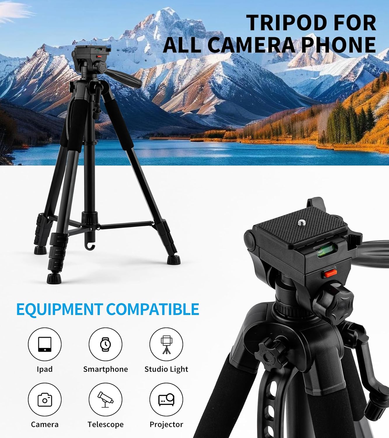 72'' Camera Tripod, Aluminum Lightweight Portable Tripods Stand with Carry Bag, Professional Travel Complete Tripod for DSLR Cellphone Live Streaming Vlog