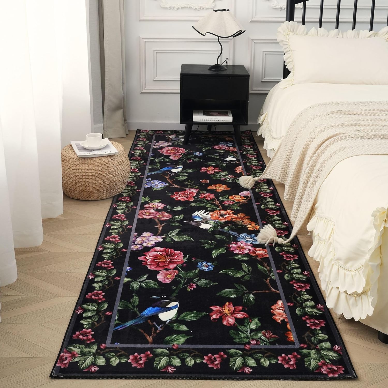 Runner Rug for Kitchen 2'6"x8' Washable Rugs with Rubber Backing Soft Floral Bird Magpies Floral Animal Carpet Runner for Kitchen, Laundry, Bedroom, Bathroom (Black)