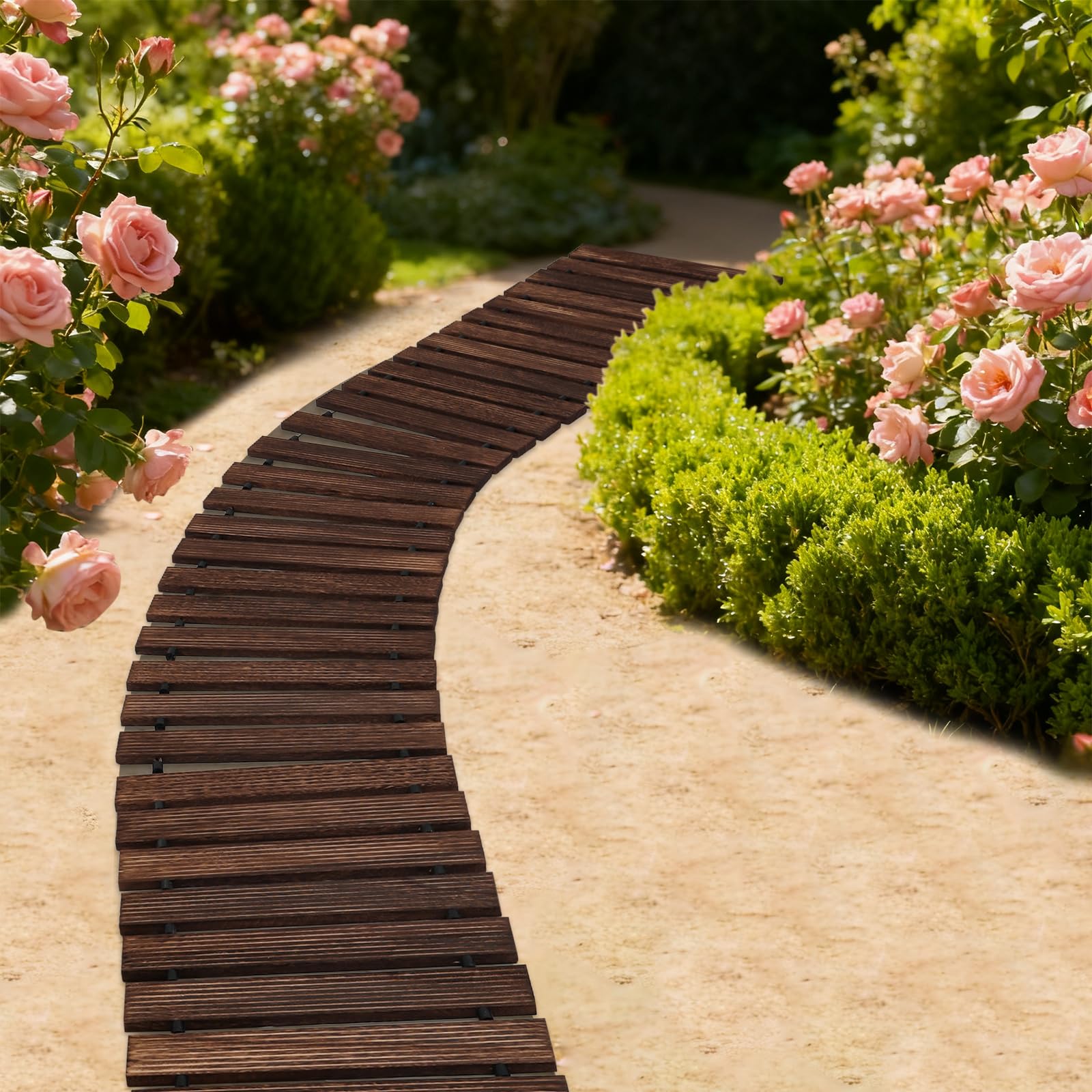 Percorso da giardino in legno arrotolabile, sentiero in legno con superficie antiscivolo e legatura con corda in silicone, passo in legno per giardino, terrazzo, spiaggia, cortile e decorazione per