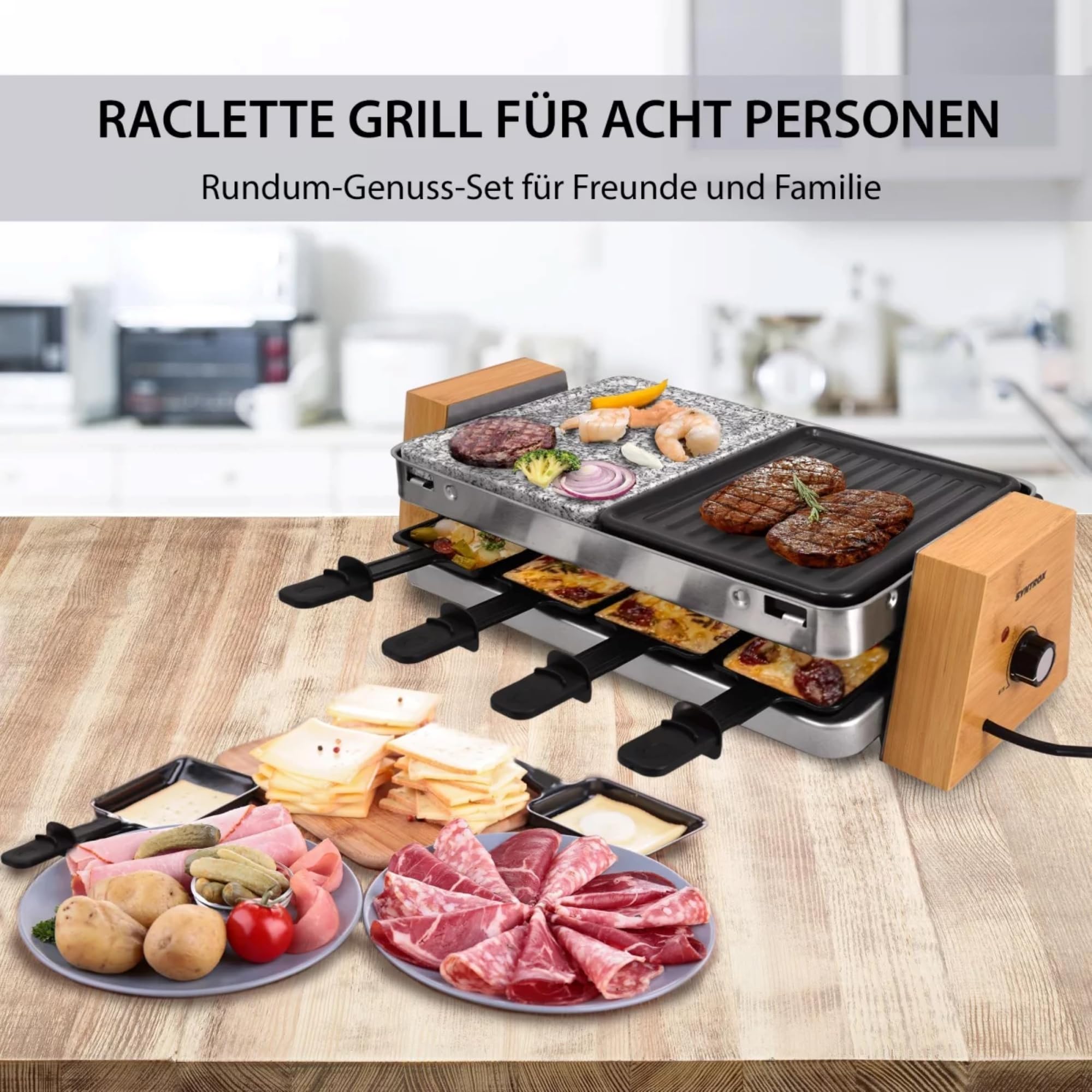 Syntrox Germany Raclette-Grill Set Lugaro, Tischgrill, 1500Watt für 8 Personen, Party-Raclette Set Lugano mit Wechselplatten, 10kg, Edelstahl, Multifunktional, Steaks, Fisch, gegrilltes Gemüse