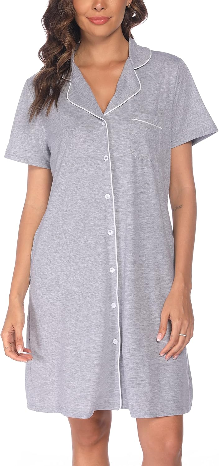 Vlazom Women's Nightgowns Short Sleeve Sleep Shirts Nightshirt V Neck Button Down Pajama Sleepwear S-XXL - Image 8