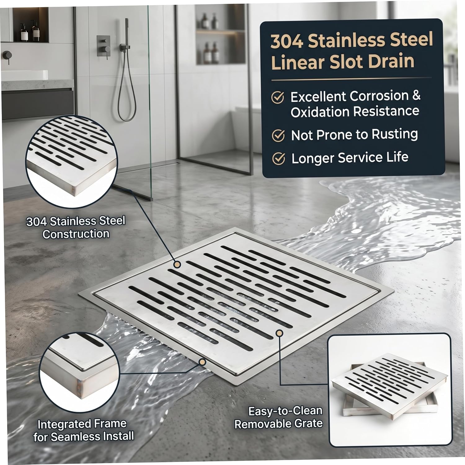 Floor Drain Cover, 304 Stainless Steel Drain Grate Invisible Fit Rustproof Drainage Grate for Roads, Yard, Walkway, Garden, Outdoor, Silver, 6x6 Inch Outdoor Cover Drainage