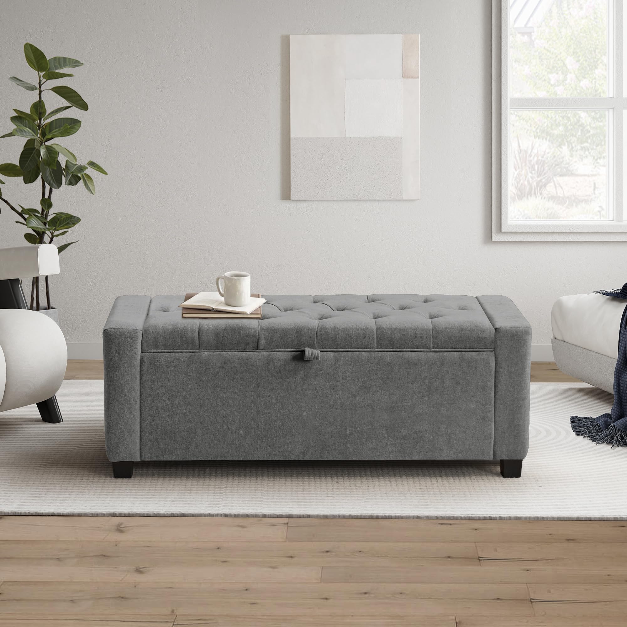 Photo 1 of ****** AS IS ALL SALES FINAL NO RETURNS *******FGRAINELL Storage Ottoman Bench, Upholstered Tufted Bedroom Bench with Storage, End of Bed Storage Bench for Living Room & Entryway, 350 lb Capacity, Linen Light Gray