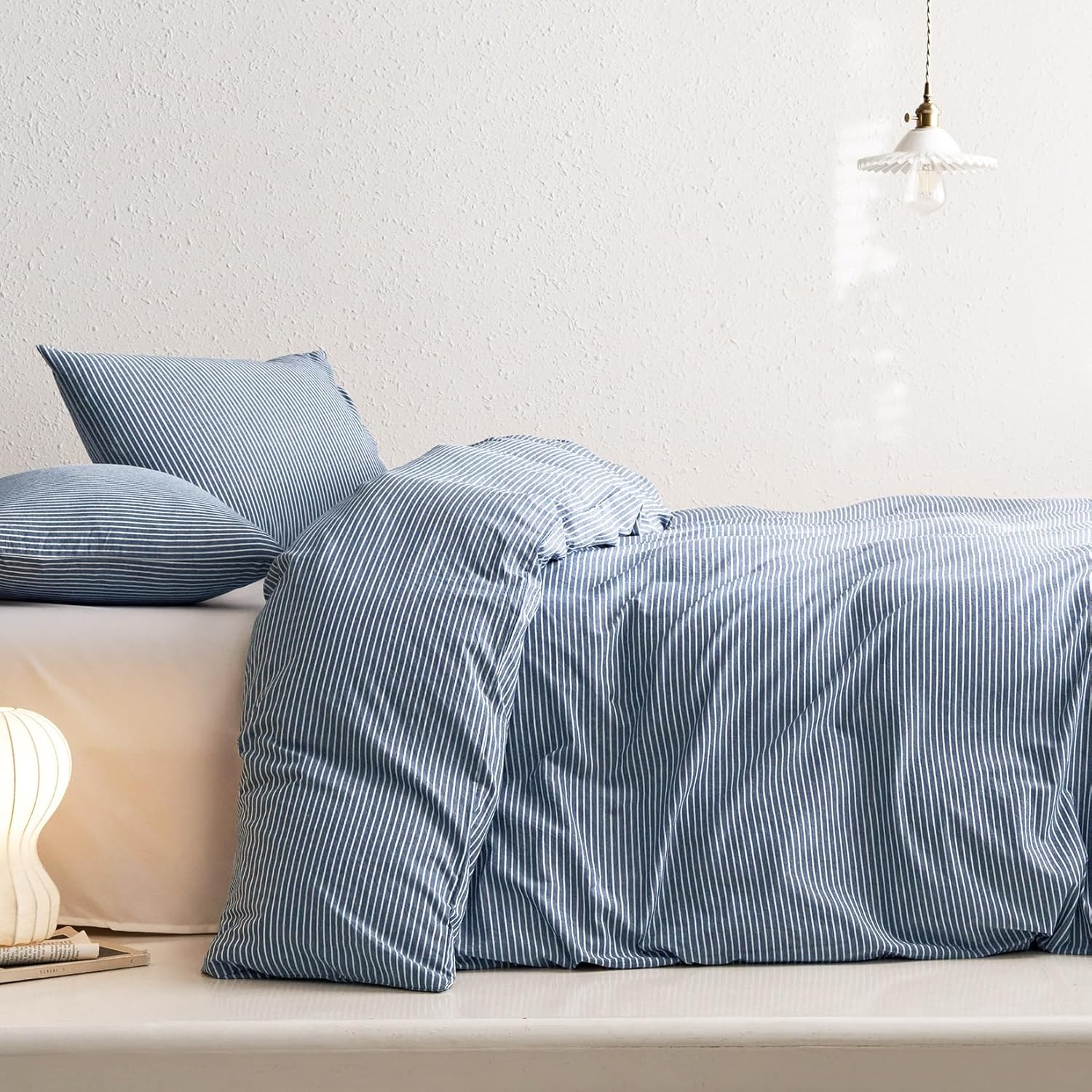 Wake In Cloud - Striped Cotton Duvet Cover Set, 100% Washed Cotton Textured Percale Bedding Set, Ticking Stripe Pinstripe Farmhouse, 3 Pieces, Denim Blue, California King Size - Image 5