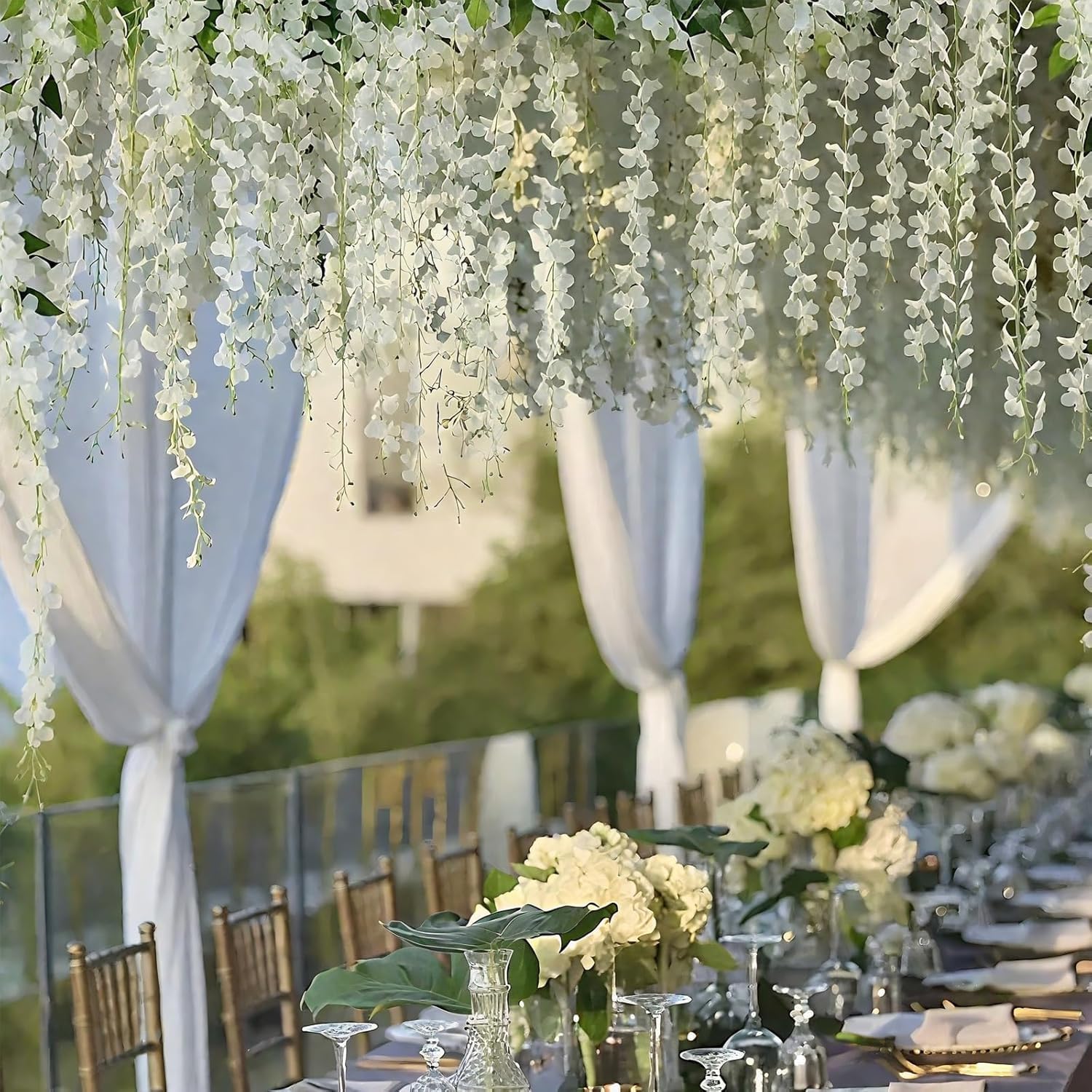 BSMYBO 30 Branches White Wisteria Hanging Flower Vines for Wedding Decor | Artificial Wisteria Flower Garland Vine for Backdrop, Wedding Arch, Party Ceremony, Home, Garden, Wall Decoration (2 Pack)