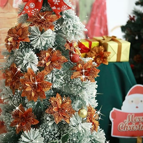 Vista 4 de GREENTIME 12 Pcs Glitter Poinsettia 5.5" Artificial Flowers Christmas with Clips Stems Xmas Tree Ornaments for New Year Party Stairs Fireplace Porch