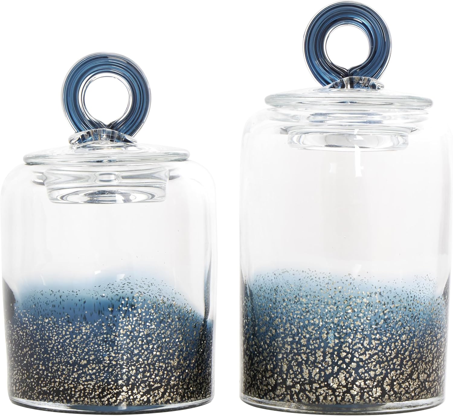 Deco 79 Glass Handmade Living Room Decorative Jars Decorative Container with Gold Flake Details and Ring Lids, Set of 2 Jar with Lid 9", 8"H, Blue