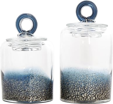 Deco 79 Glass Handmade Living Room Decorative Jars Decorative Container with Gold Flake Details and Ring Lids, Set of 2 Jar with Lid 9", 8"H, Blue