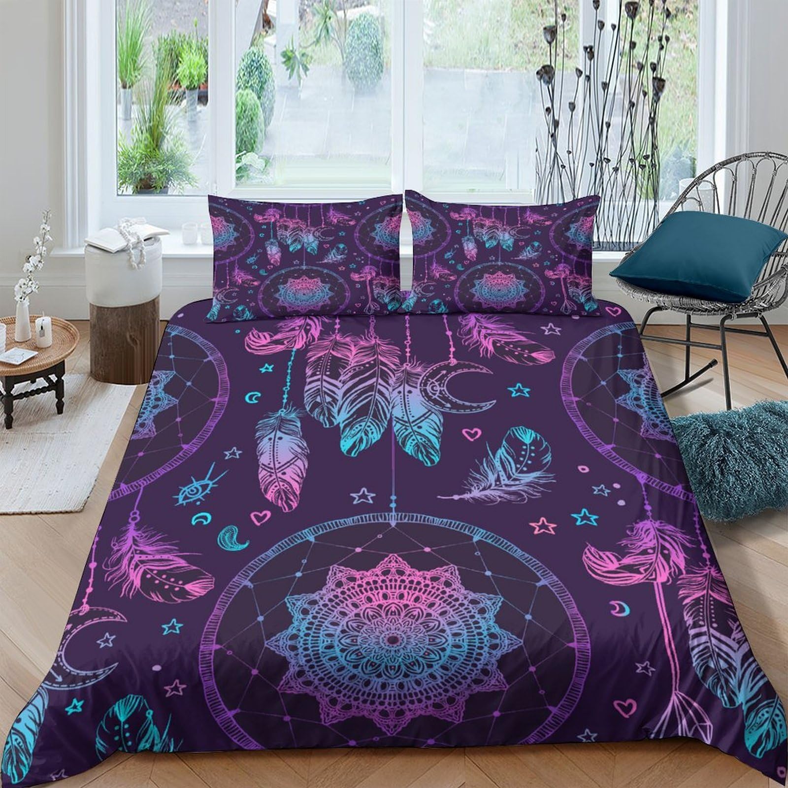 Ctjqhvkz Style-7 3D Printed Mandala Dreamcatcher Fitted Sheet Microfiber Purple Blue Bed Cover Non Slip Washable Bedroom Decor Single（135X200cm）