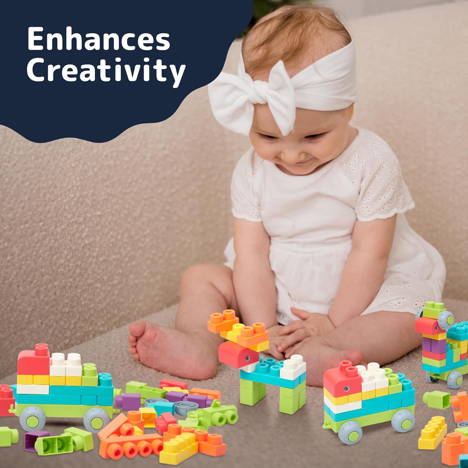 Baby playing with PREXTEX Soft Building Blocks, building small structures and vehicles.