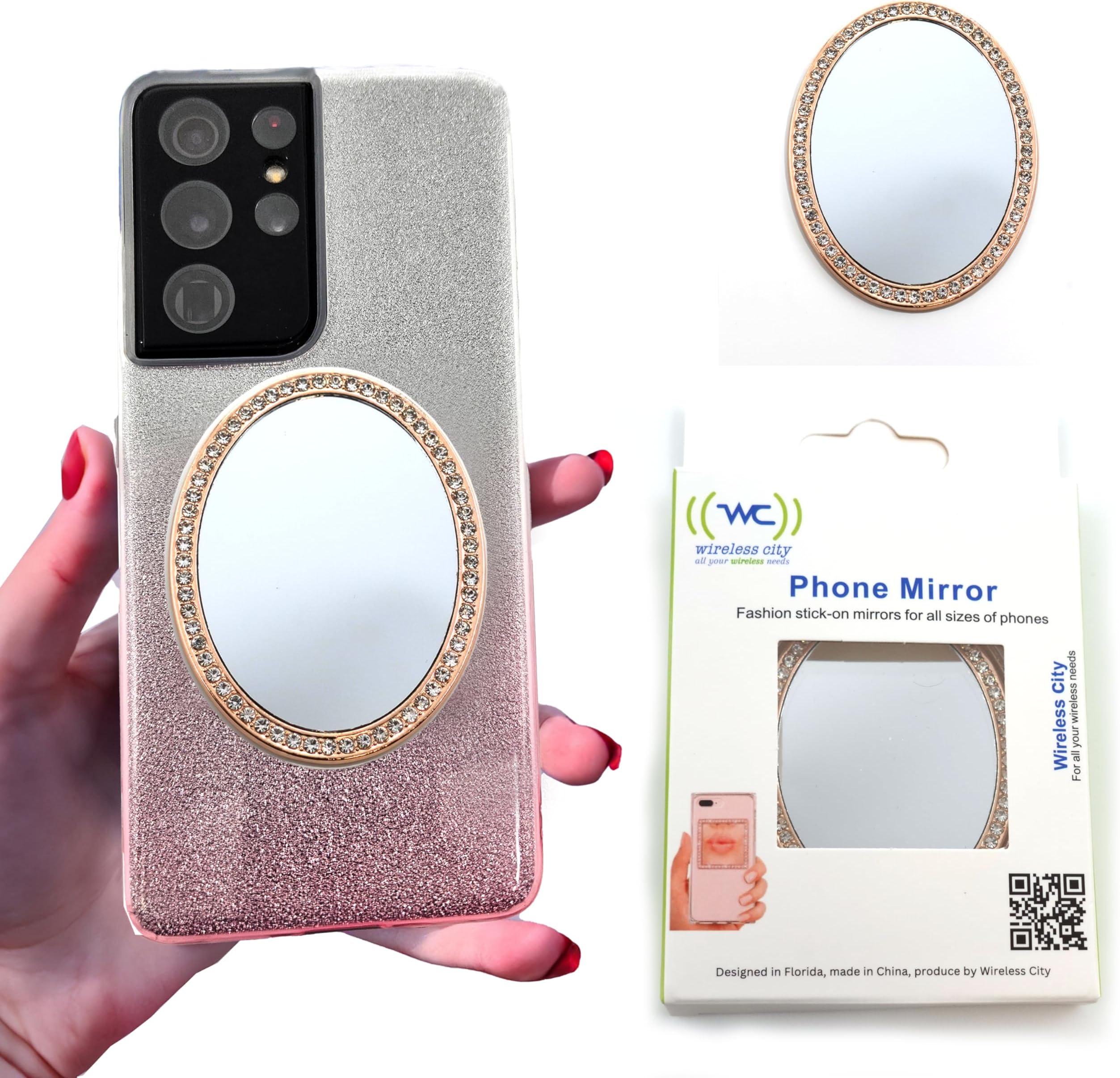 Diamond Bling Makeup Mirror for Cell Phone - Cases Cell Phone Mirror for Makeup (Oval Shape Phone Mirror-Gold)