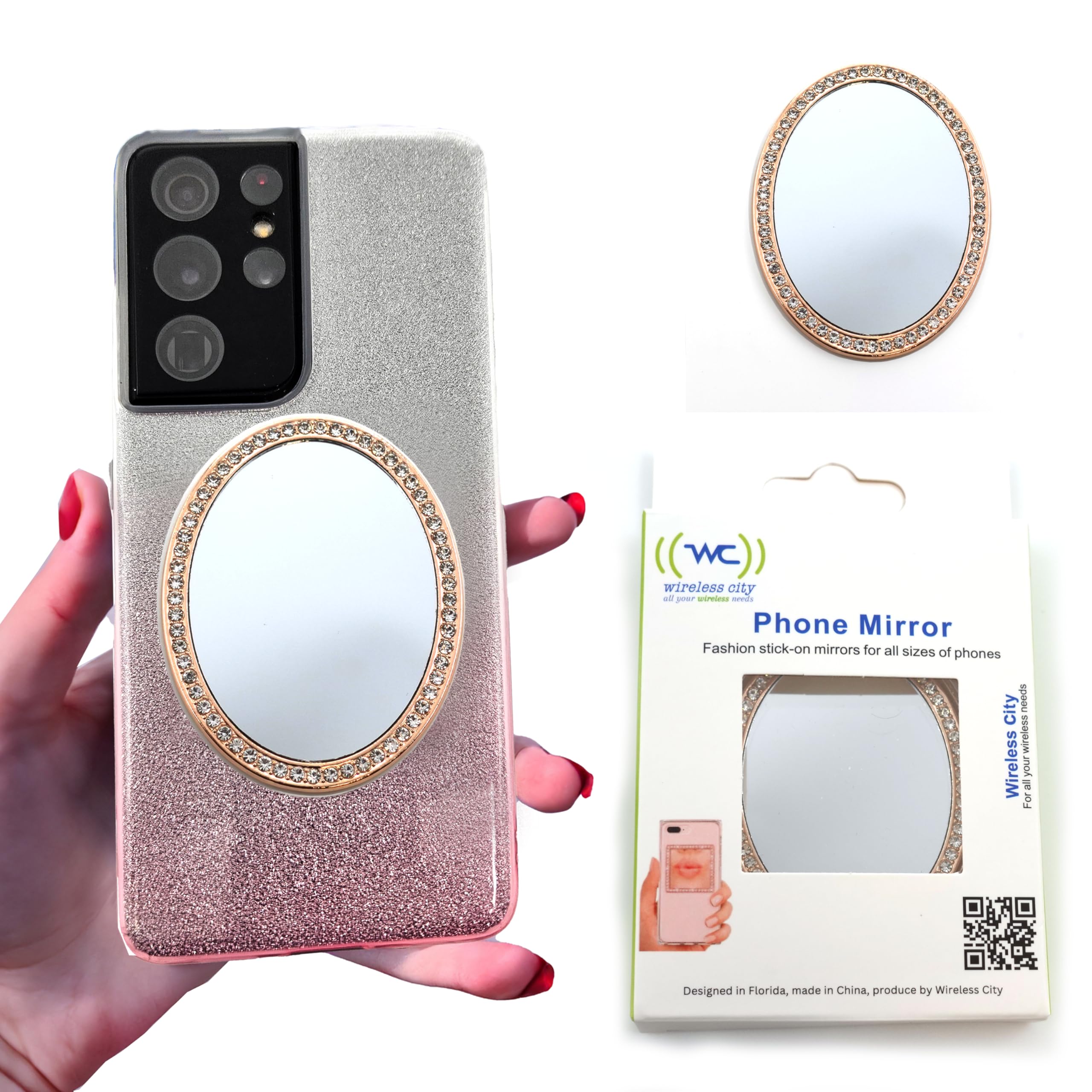 Diamond Bling Makeup Mirror for Cell Phone - Cases Cell Phone Mirror for Makeup (Oval Shape Phone Mirror-Gold)