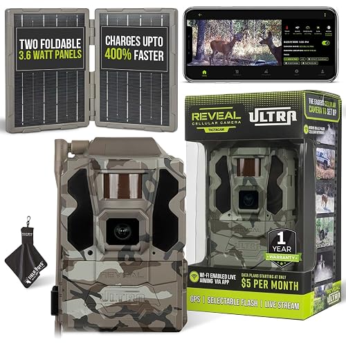 TACTACAM Reveal Ultra Cellular Trail Camera – 4K Photo, 1080P Video, Live Streaming, GPS, Low-Glow/No-Glow Flash, LTE – Includes Folding Solar Panel & Cleaning Cloth
