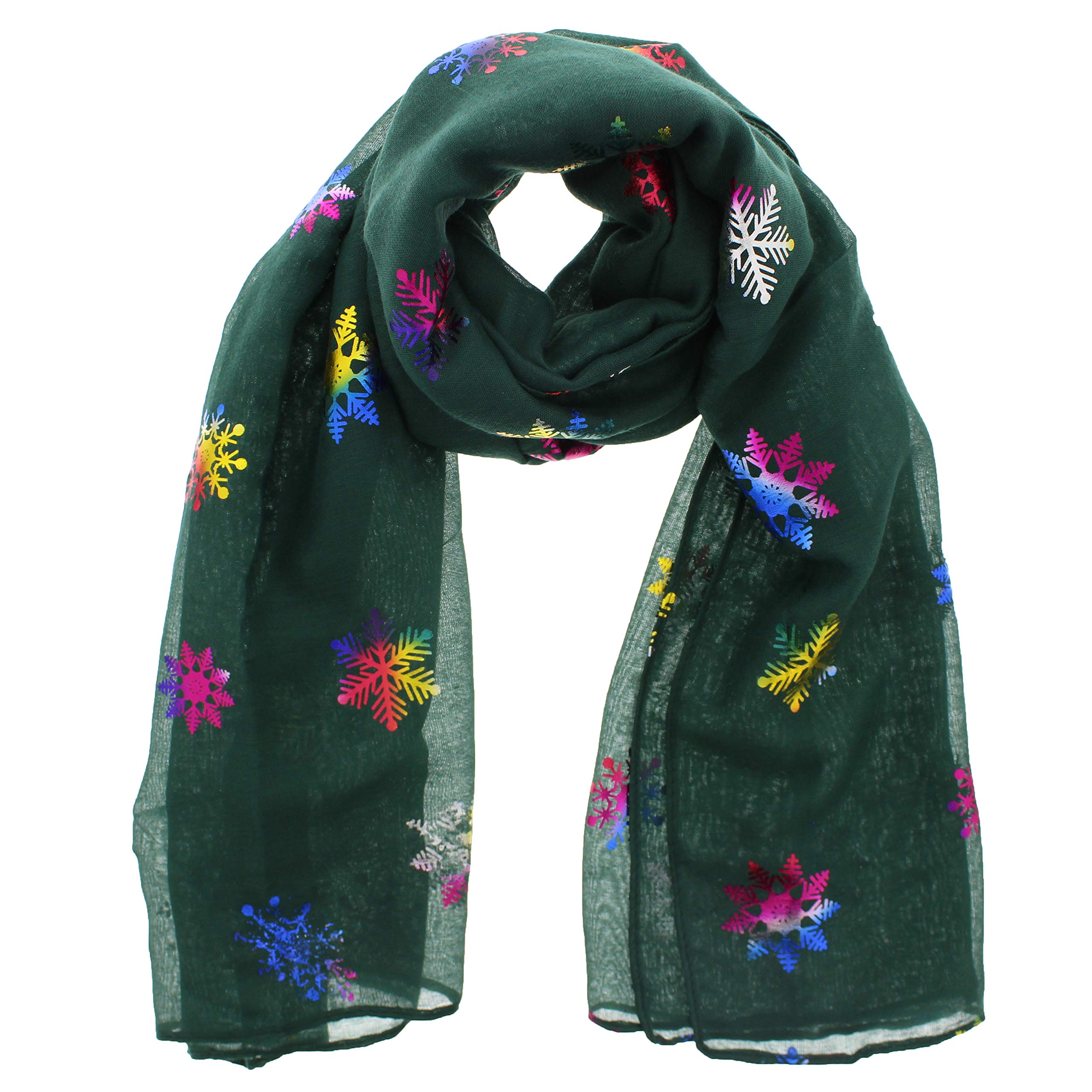 Zac's Alter Ego Women's Bottle Green Christmas Scarf With Rainbow Foil Metallic Glitter Snowflake Print