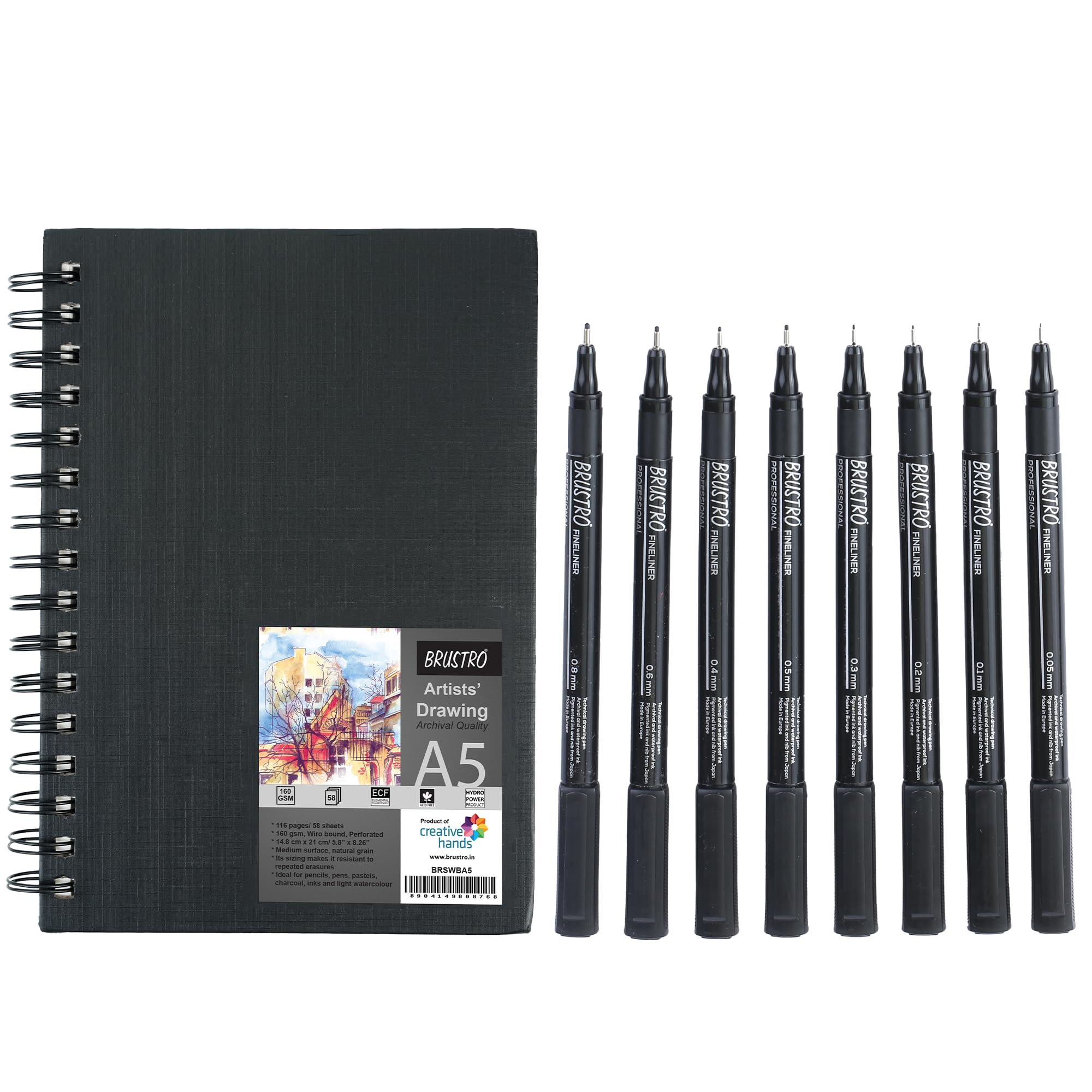BRUSTRO Professional Pigment Based Fineliner - Pack of 8 (Black) with Artist Sketch Book 160 GSM A5 Wiro Bound (116 Pages)