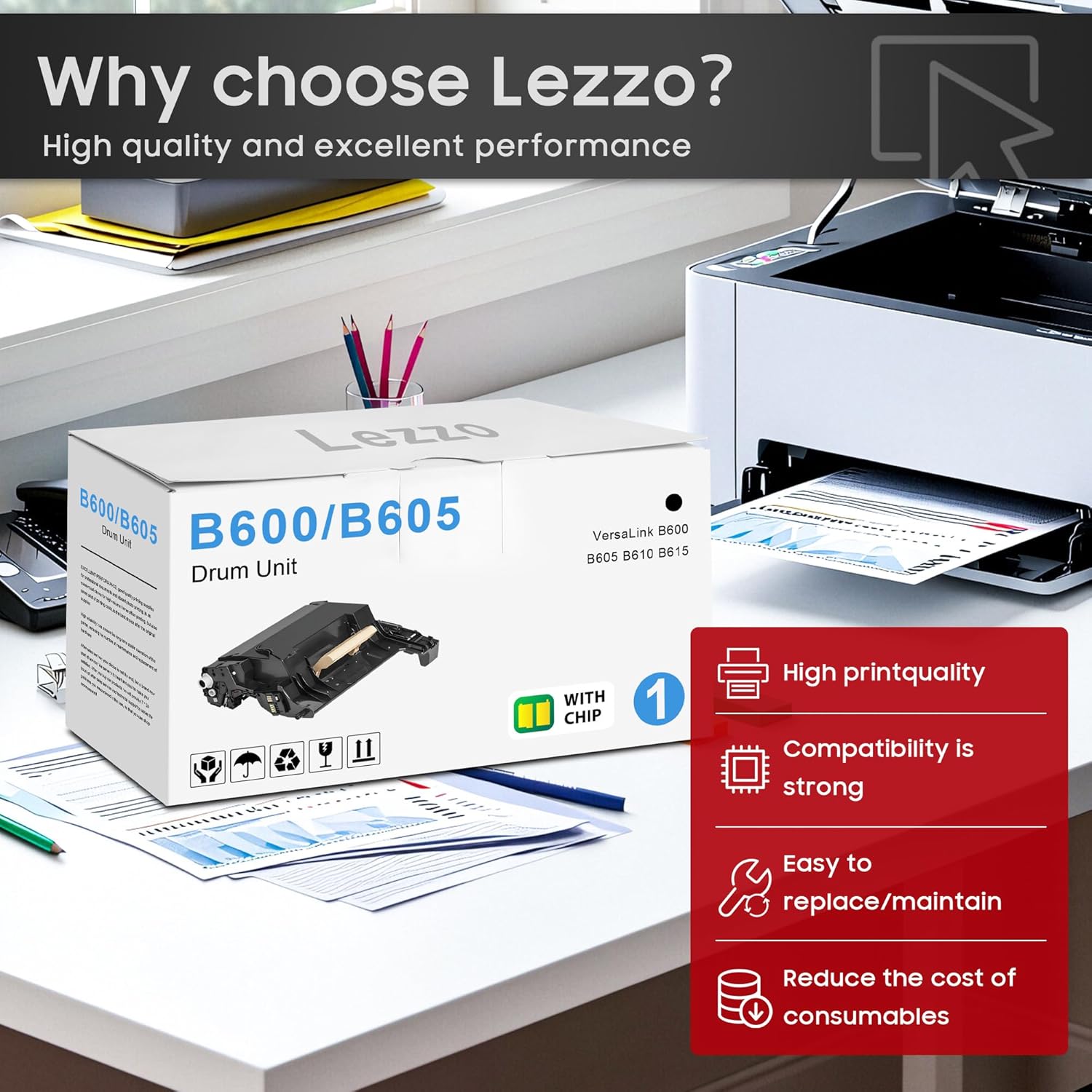 Lezzo B600 B605 Drum Unit 1-Pack B600 Drum Cartridge Replacement for Xerox 101R00582 Drum for VersaLink B600 B605 B610 B615 Printer (60,500 Pages)