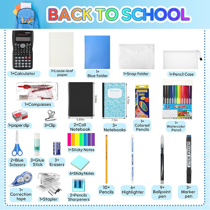Back to School Supplies Kit for Student 7-12 Grades Middle High School Backpack Back to School Supplies Bag Set Elementary Essential Bundle Bulk Essentials Includes calculators markers.(1 Set)