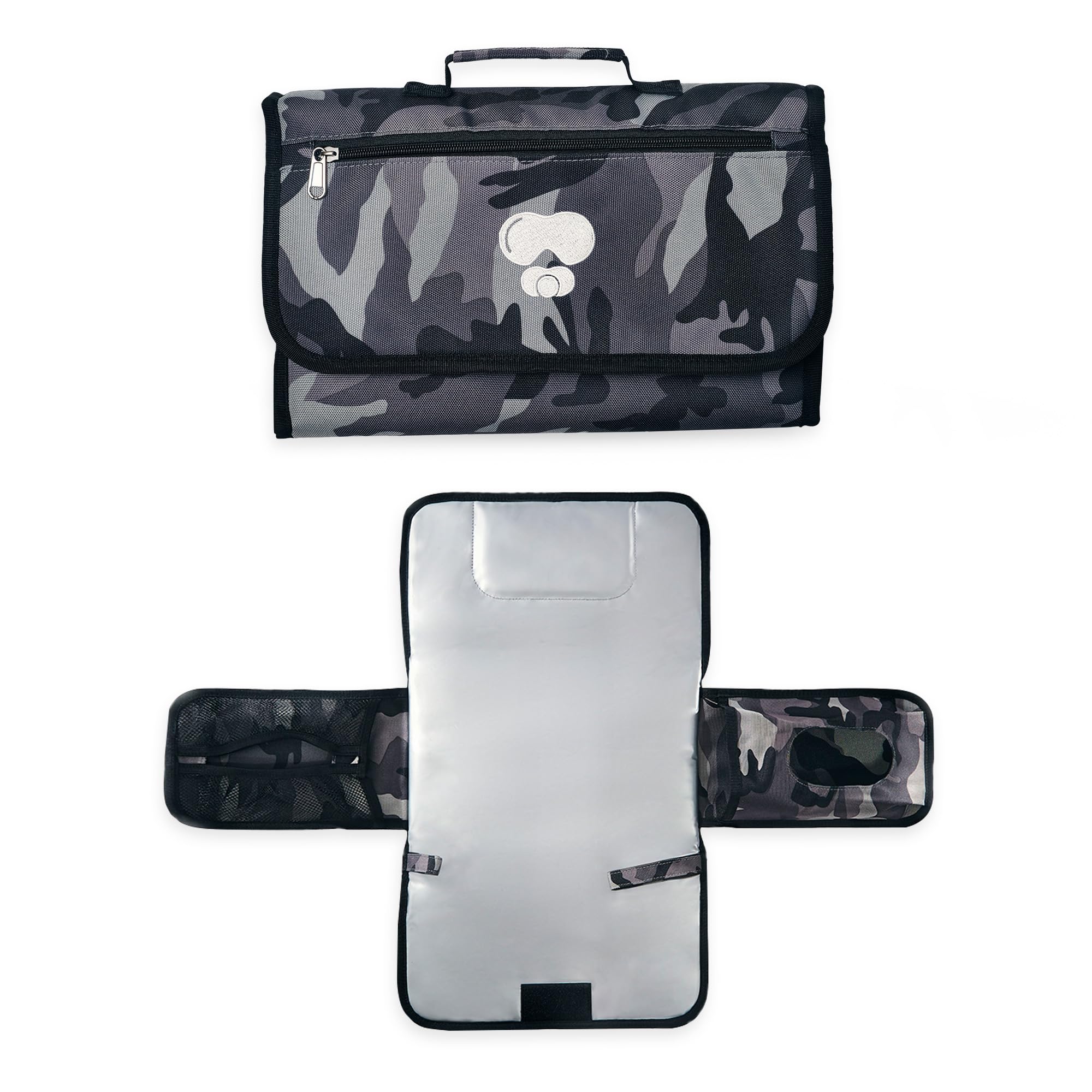 Cambiador de pañales portátil de camuflaje negro y gris, tapete cambiador de bebé compacto para padres diarios y de viaje