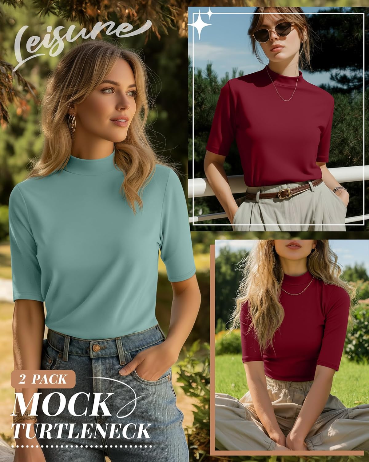 Ficerd 2 Pack Women's Mock Turtleneck T Shirts, Half Sleeve Business Casual Tunic Tops Slim Fit Summer Basic Dressy Tee Shirt - Image 4