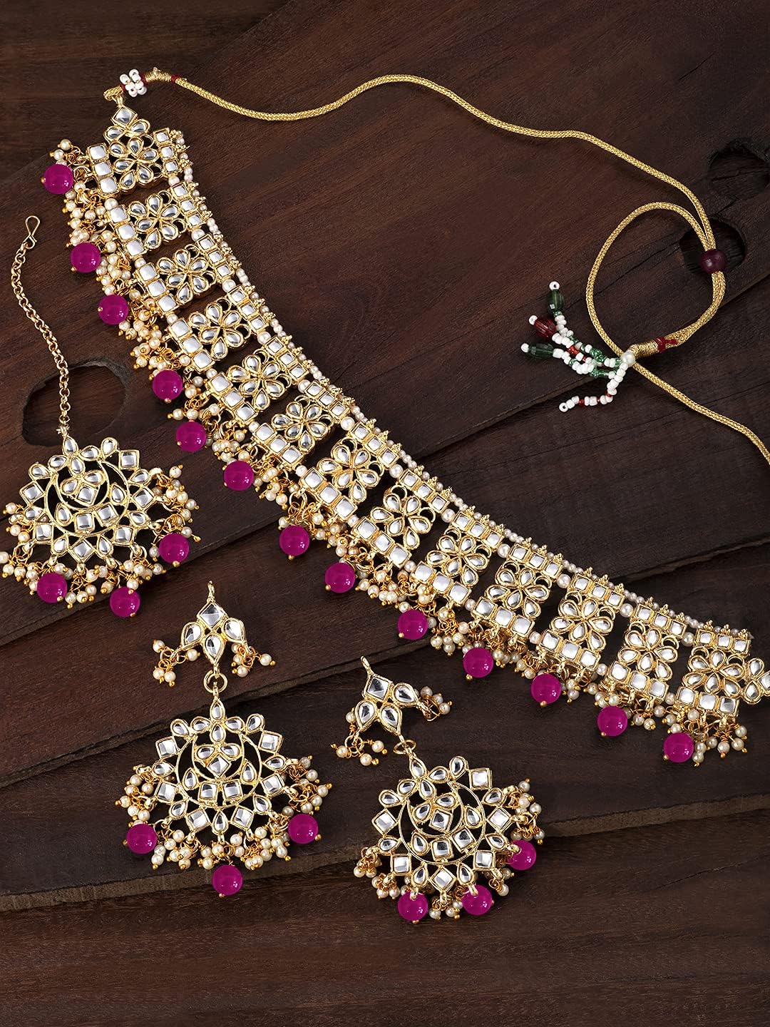 Aheli Elegant Indian Faux Kundan Studded Choker Necklace with Maang Tikka Set Ethnic Wedding Wear Bharatanatyam jewellery set Gift for Women