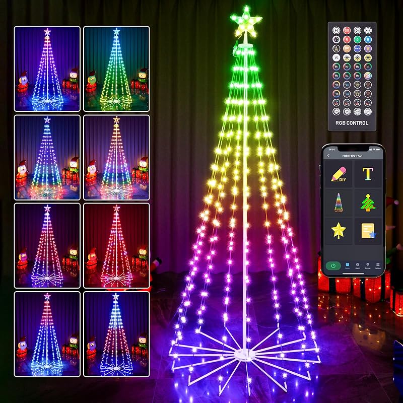 HOLILLUMA 7FT LED RGB Color Changing Smart Outdoor Christmas Tree Lights | App&Remote Control, 295 LED Lights, DIY Multi-Color Lightshow, Music Sync, Timer, Waterproof, Outdoor Christmas Decoration