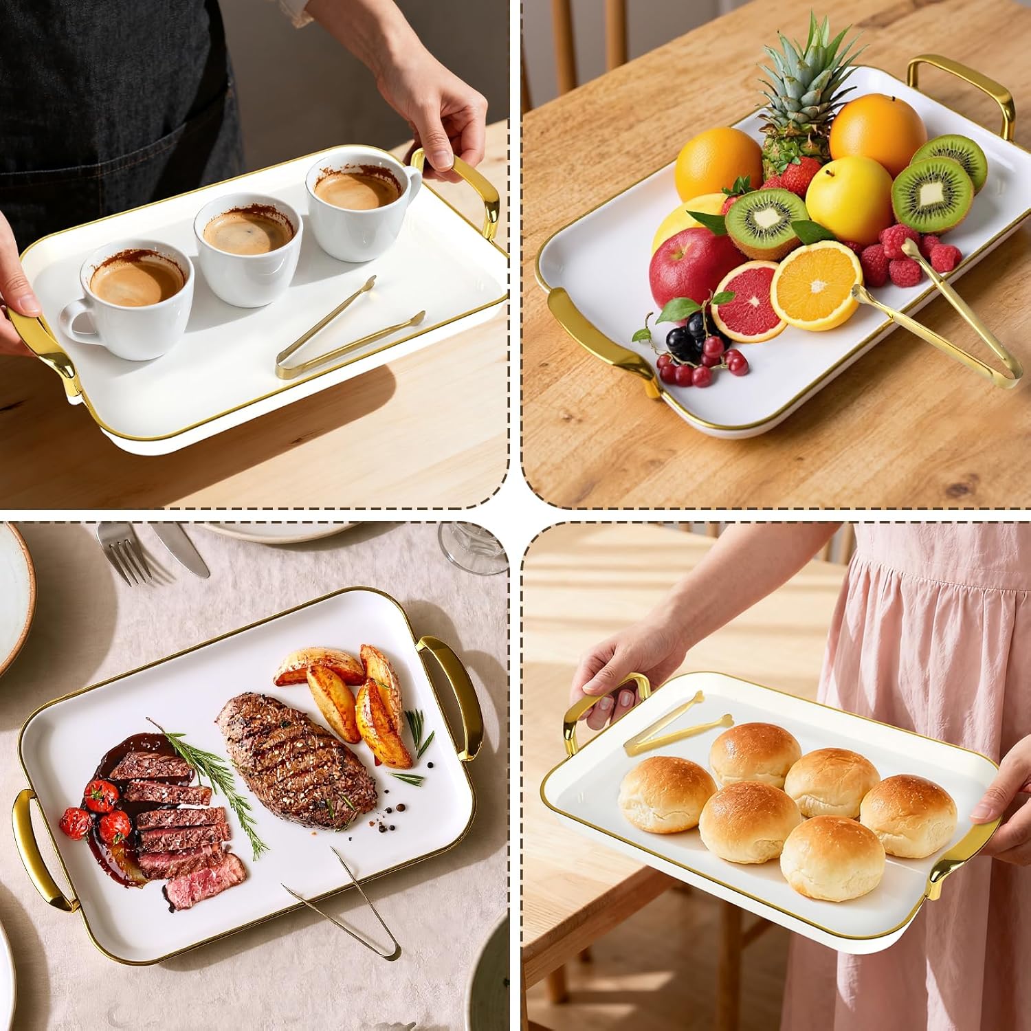 3 Pcs Serving Tray with Handles, Stackable Serving Platters with 3 Sugar Cube Tongs, 16.5/14.9/13.2 Inch Rectangle Food Trays, White Party Platters for Dinner, Cookie, Cake, Cheese and Fruit - Image 5