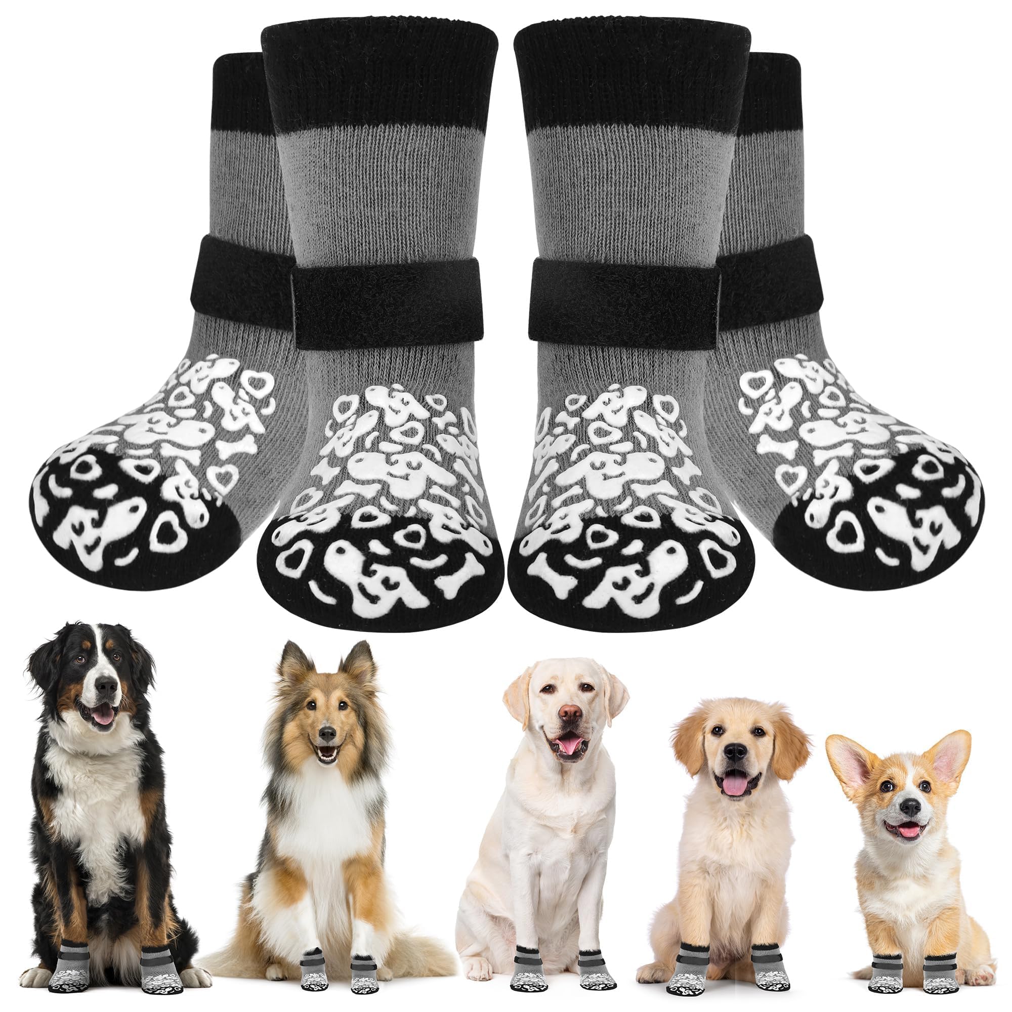 Apoway 4 Stück rutschfeste Hundesocken Anti Rutsch, Pfotenschutz Hund wasserdicht mit verstellbaren Riemen und zweiseitiges Silikon, Antirutschsocken Hund für Kratzern/Hitze/Kälte/Leckschutz, XL