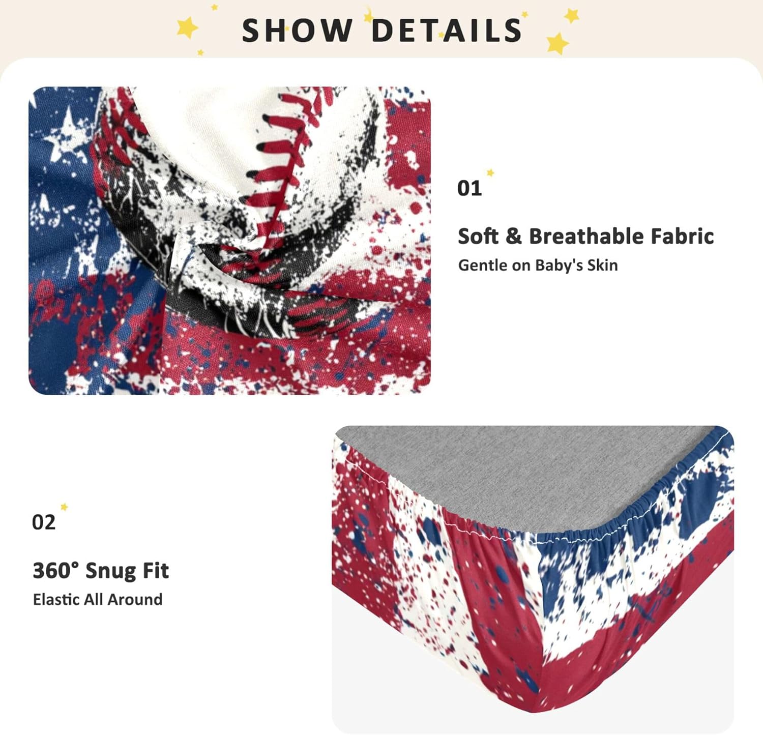 Vintage American Flag Baseball Crib Sheets Soft Breathable Fitted Cotton Baby Crib Sheets Mattress Cover for Girl Boy, 52" x 28" x 9"