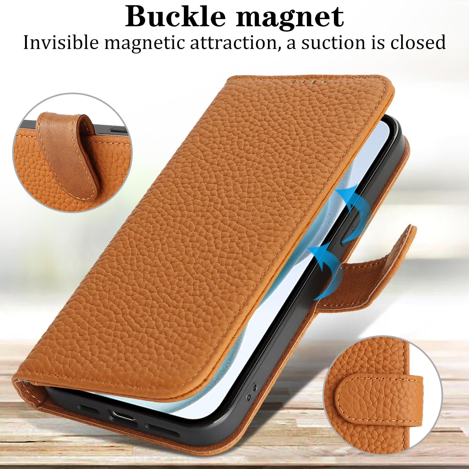 Zouzt Case for iPhone 15 6.1" Genuine Leather Wallet Case with 4 Card Slot, RFID Blocking Card Holder Magnetic Flip Folio Kickstand Shockproof Phone Cover Women Men for iPhone 15 - Amber