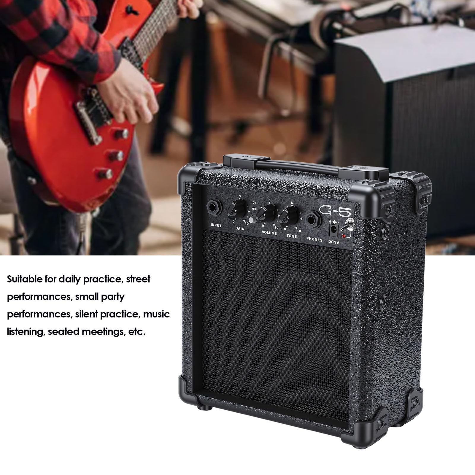 Amplificatore per Chitarra Portatile da 5 W con Bluetooth per Esercitarsi in Silenzio | Cabinet in legno di pino, jack per cuffie da 3,5 mm, ingresso da 6,35 mm, batteria ricaricabile pronta, compatto per i viaggi