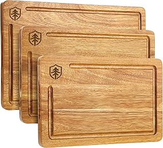 3 PCS Cutting Boards for Kitchen, Premium Acacia Wooden Cutting Board Set with Built-In Handle and Juice Groove, Charcuterie & Chopping Butcher Block for Meat, Vegetables, Fruits (Brown)