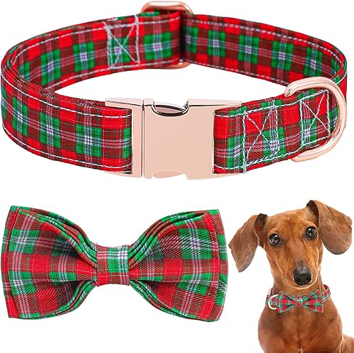 Collar de perro con lazo, collar de perro a cuadros rojos, suave, duradero, ajustable, de algodón, rojo, verde, tartán, collar para cachorros para