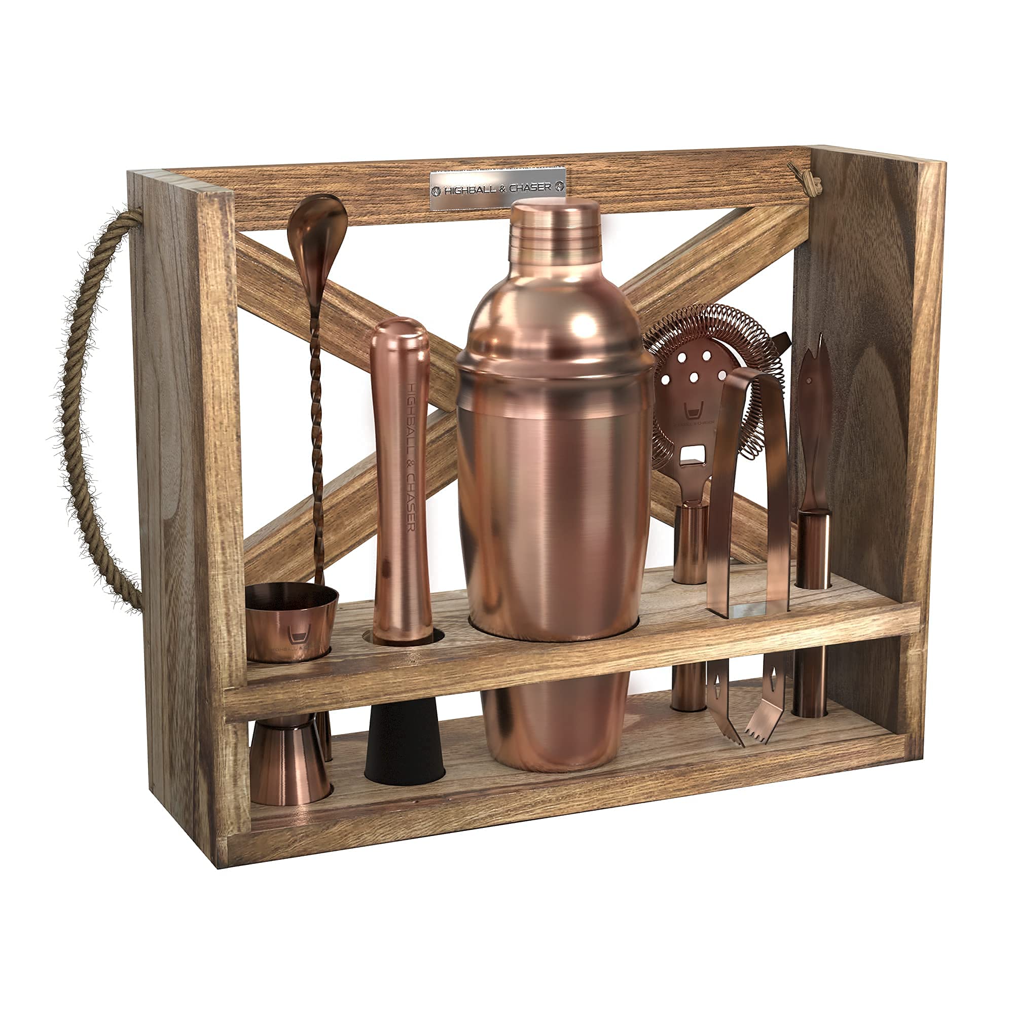 Highball & Chaser Hanging Bartender kit with 25oz Cocktail Shaker Bar Set for Home Bars, Mixology Tools and Drink Making. Barware Set for Entertaining, Bar Supplies for Beginners (Antique Copper)