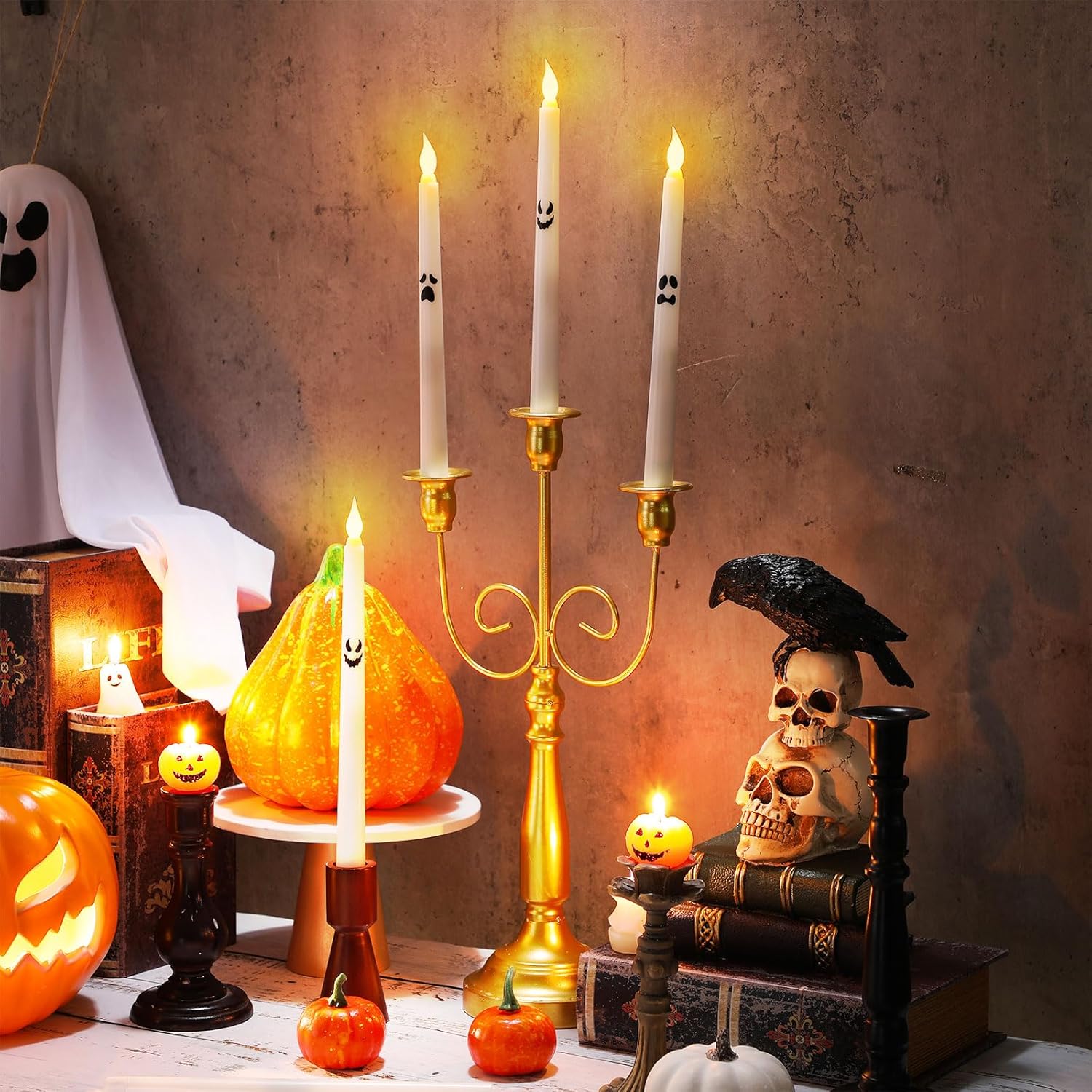 Glooglitter 12 Pcs Halloween Ghost Flameless Taper Candles 10.24'' LED Battery Operated with Remote and Timer, White Spooky Ghost Candle Real Wax for Halloween Party Indoor Table Fireplace Decoration