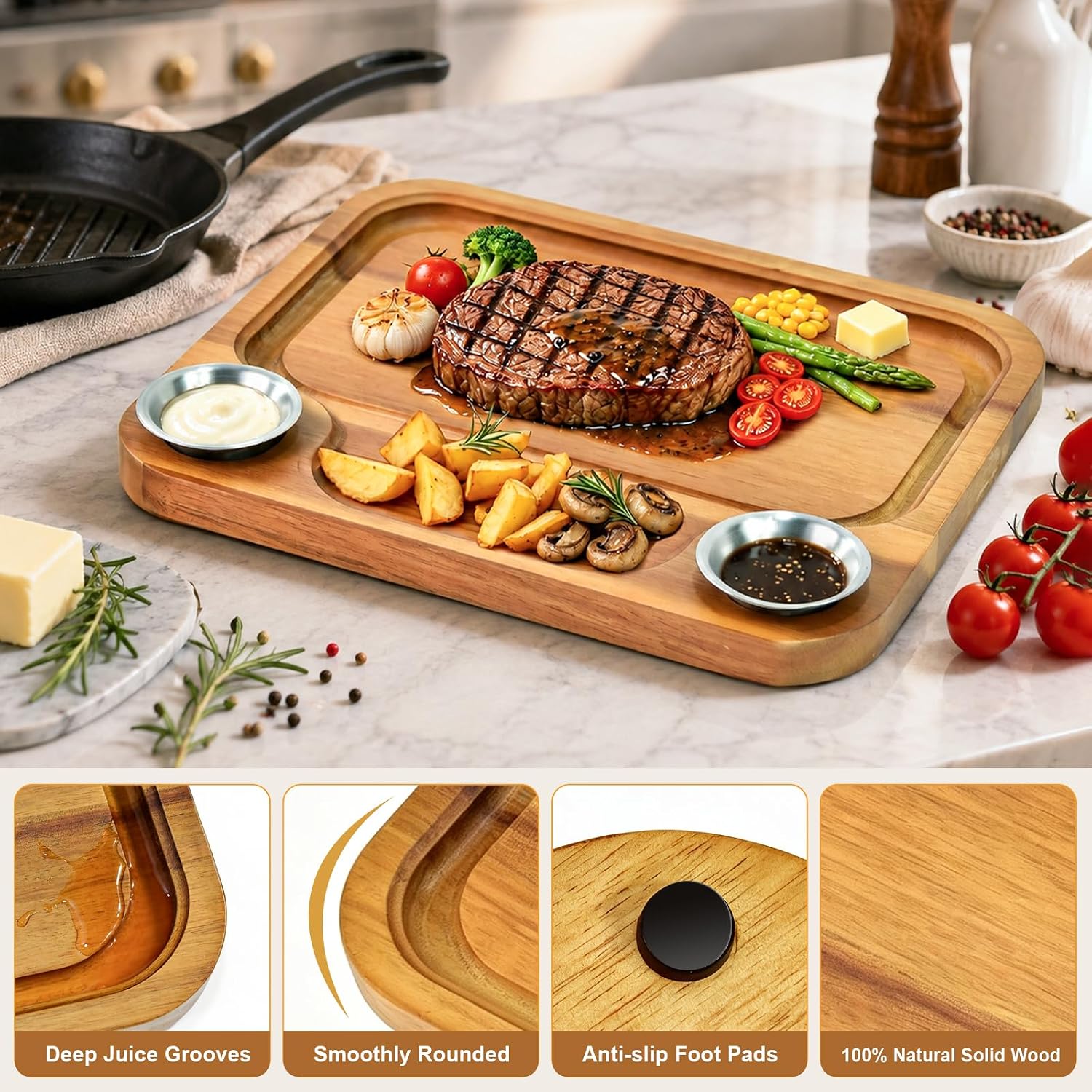Wooden Steak Plates Board set include 2 Sauce Cups,Food Serving Tray image 2